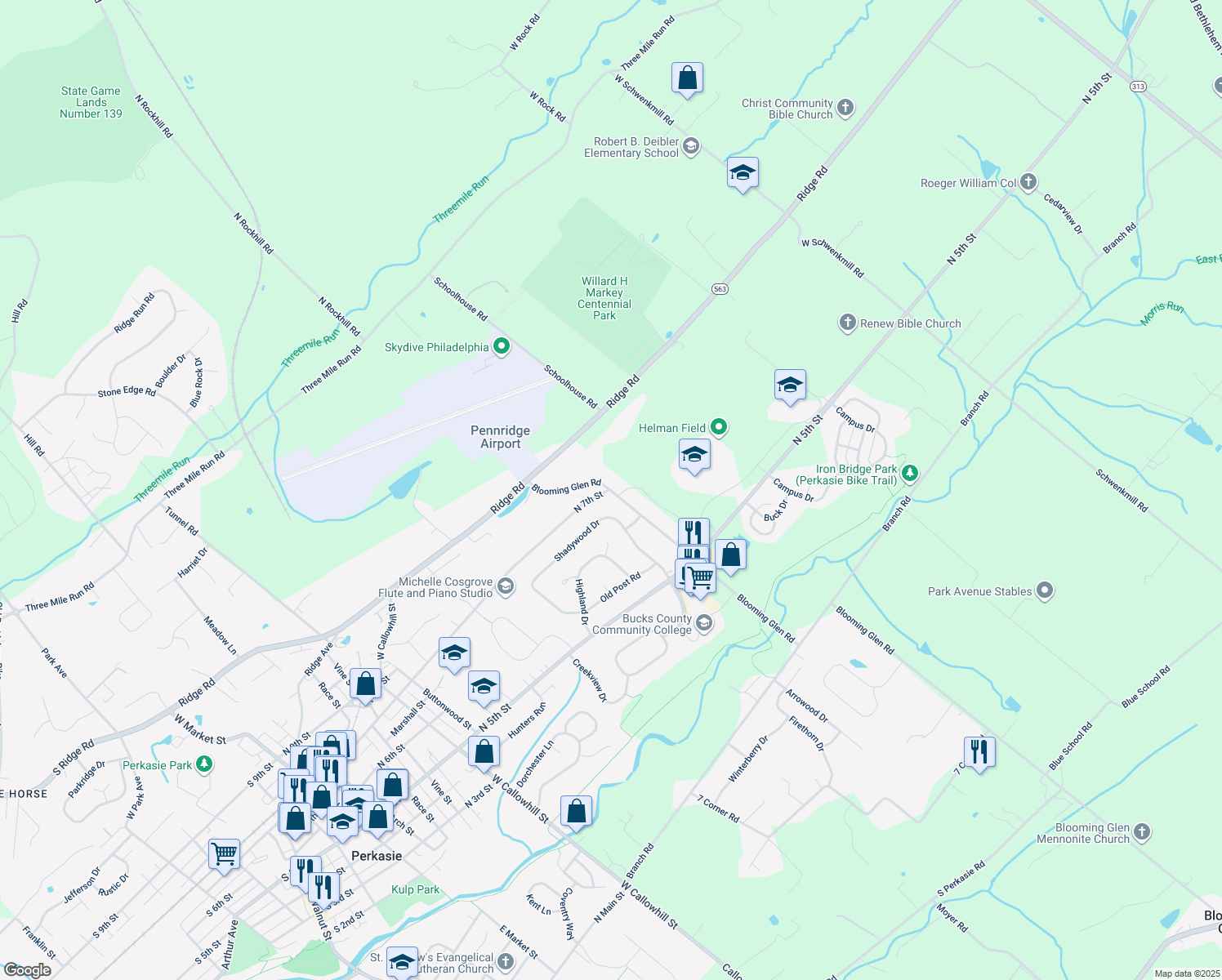 map of restaurants, bars, coffee shops, grocery stores, and more near 953 Blooming Glen Road in Perkasie