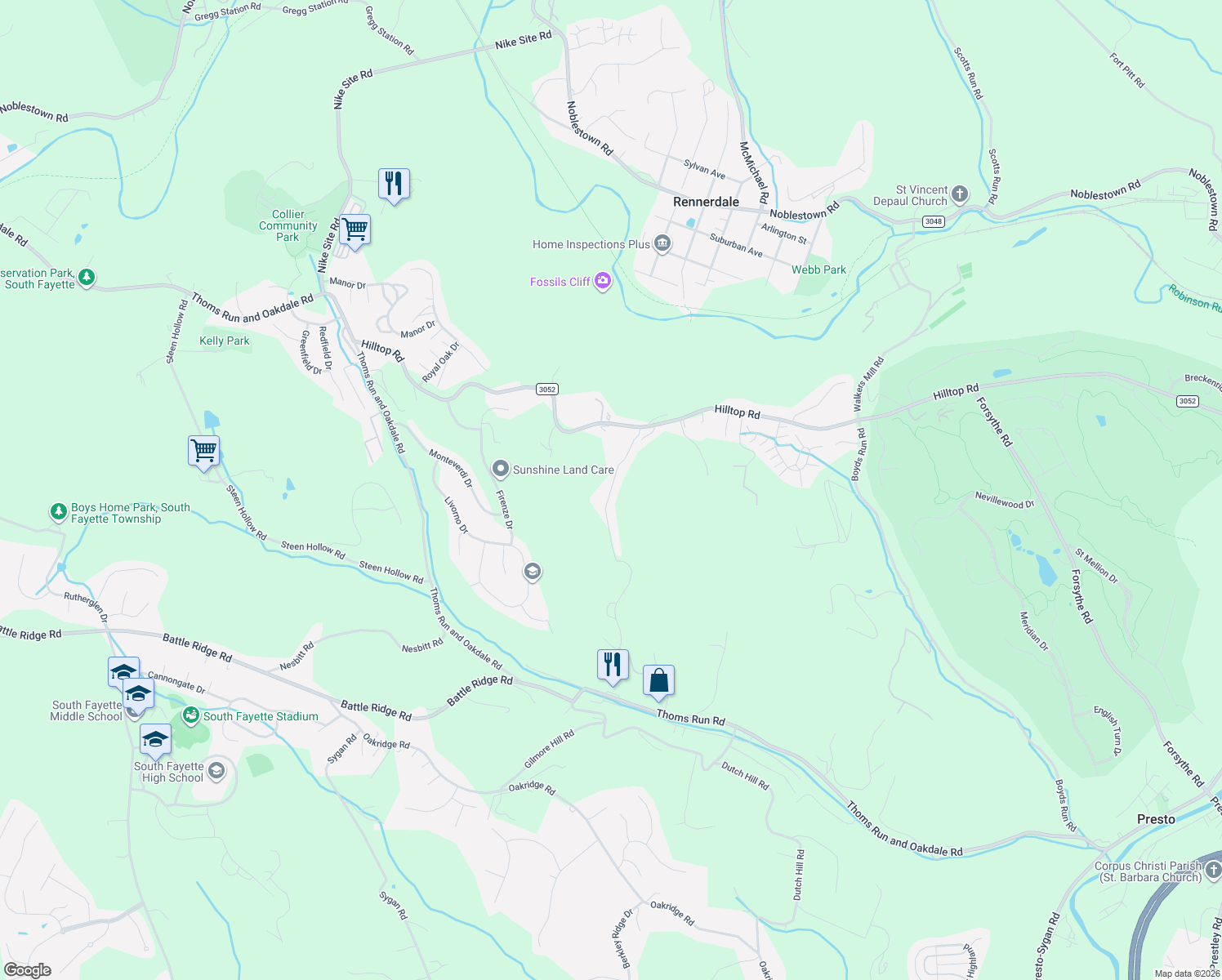 map of restaurants, bars, coffee shops, grocery stores, and more near 2565 Hilltop Road in Oakdale