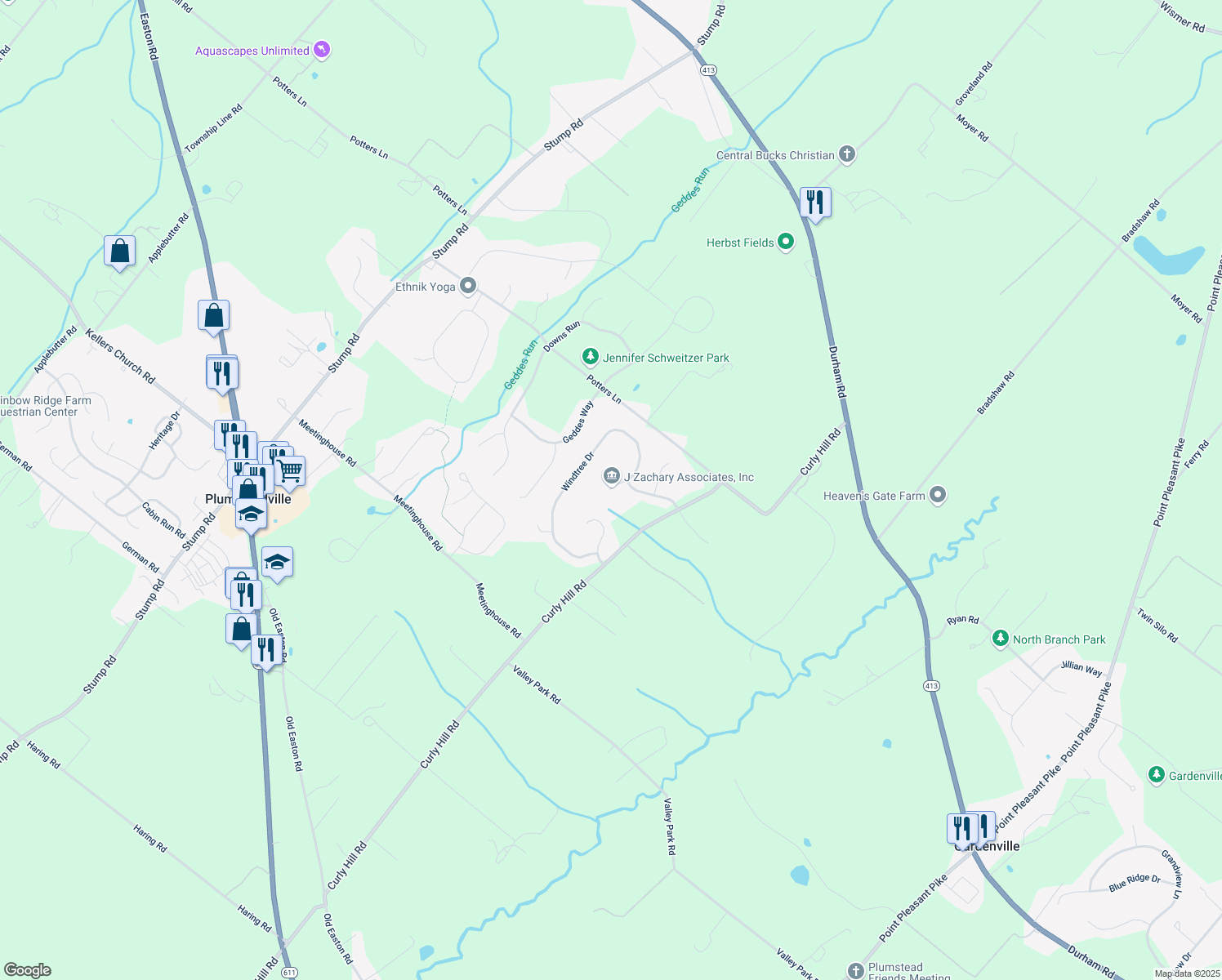 map of restaurants, bars, coffee shops, grocery stores, and more near 5401 Windtree Drive in Doylestown