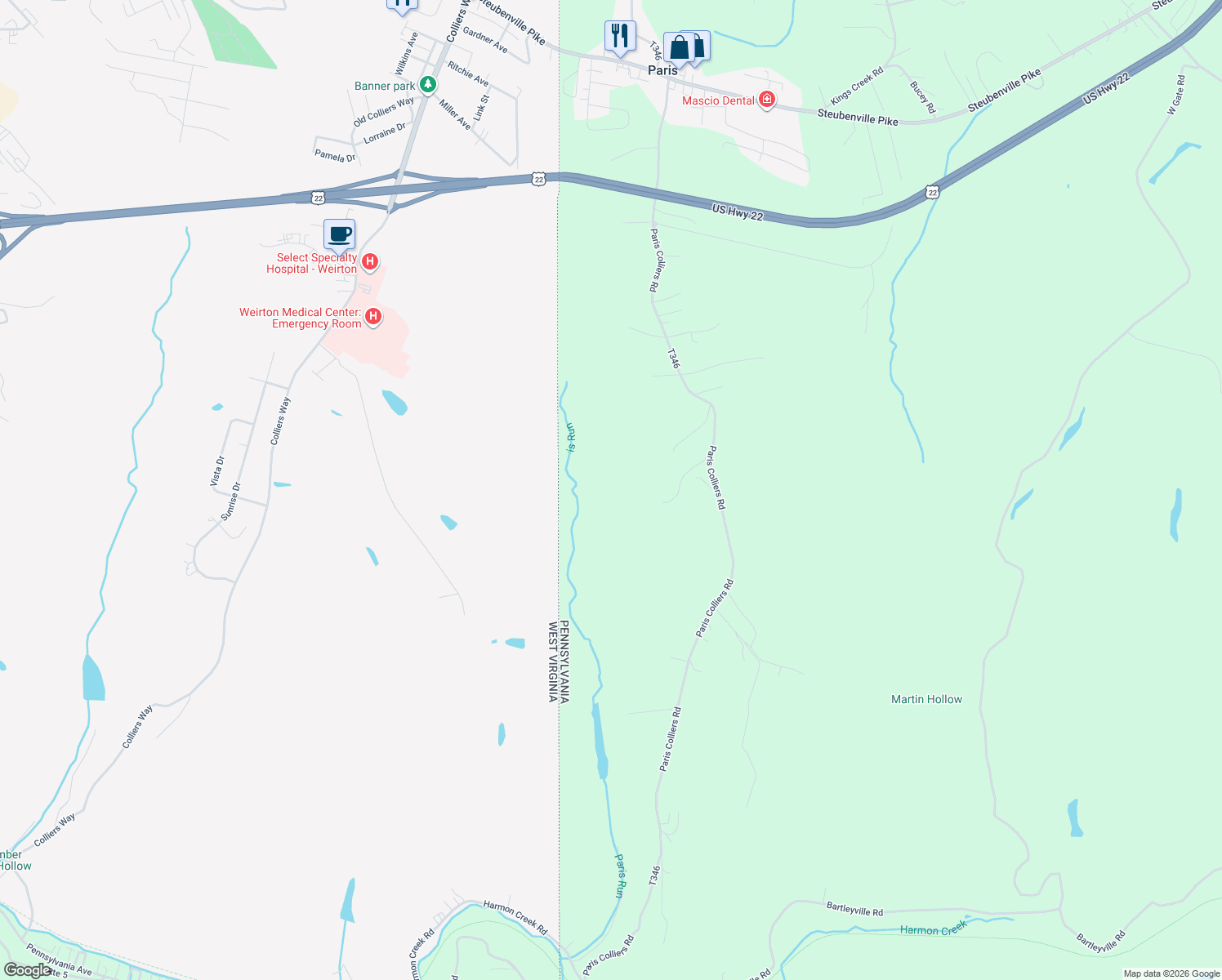 map of restaurants, bars, coffee shops, grocery stores, and more near Unnamed Road in Burgettstown