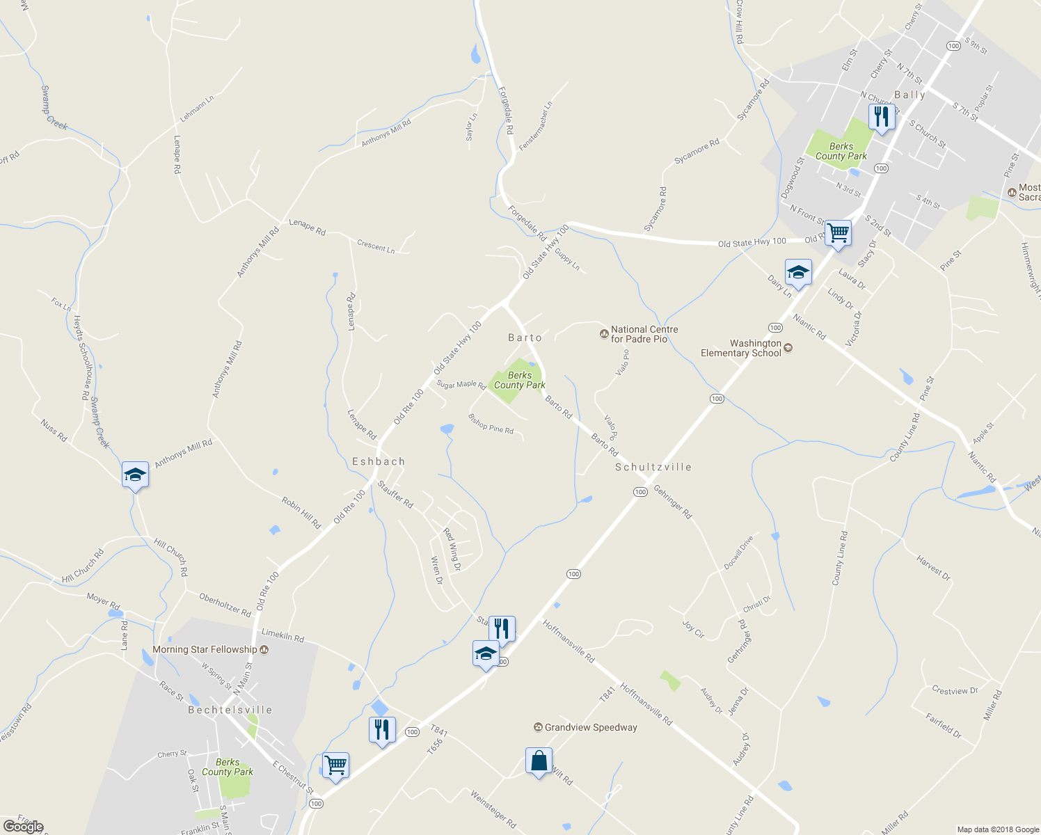 map of restaurants, bars, coffee shops, grocery stores, and more near 127 Sugar Maple Road in Barto