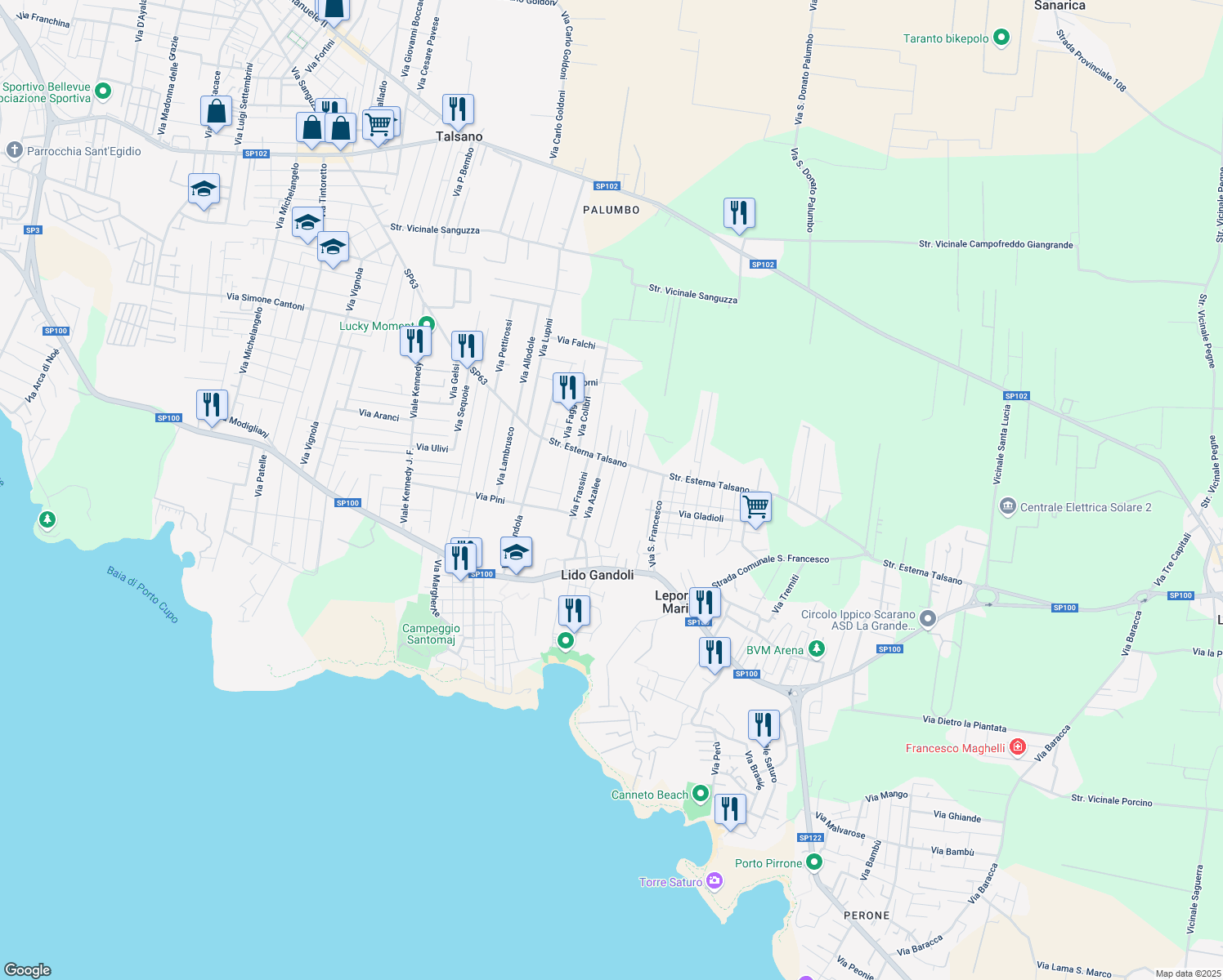 map of restaurants, bars, coffee shops, grocery stores, and more near 9 Via Azalee in Leporano Marina