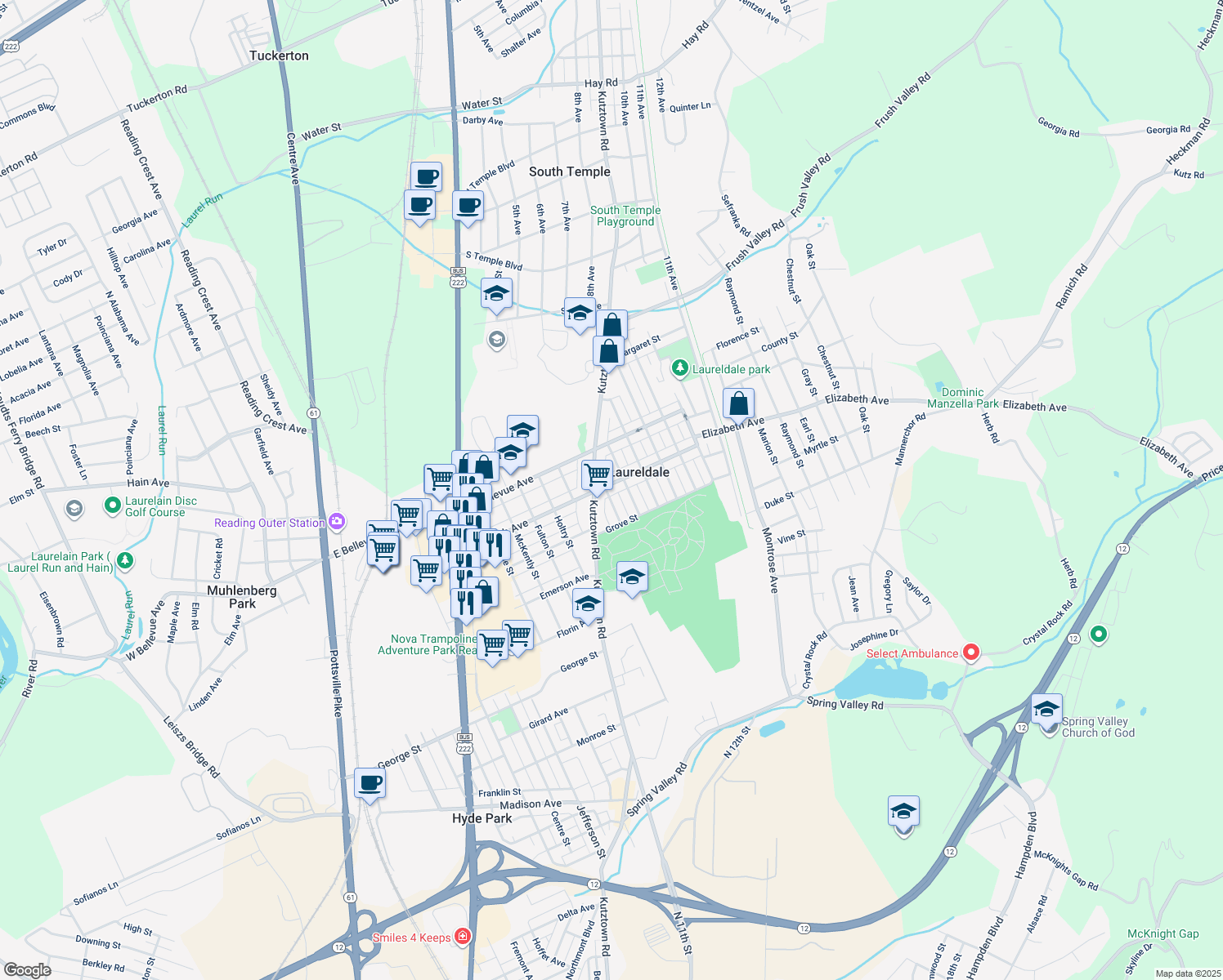map of restaurants, bars, coffee shops, grocery stores, and more near 916 Elizabeth Avenue in Laureldale