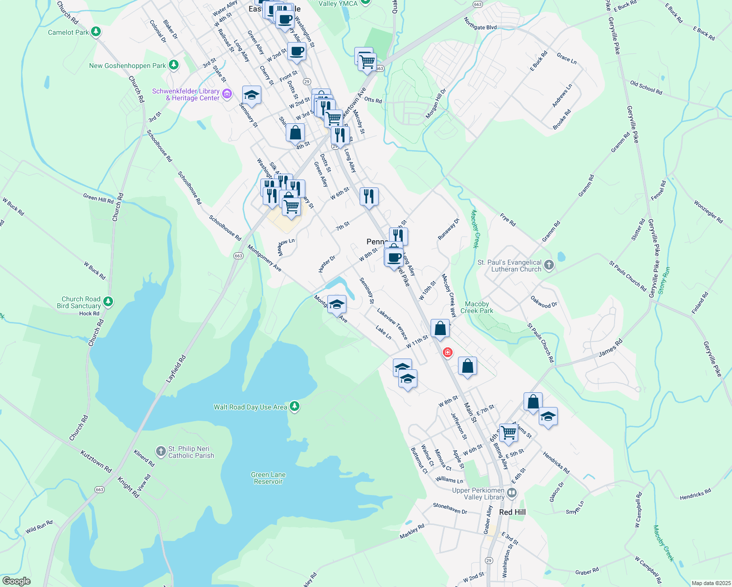 map of restaurants, bars, coffee shops, grocery stores, and more near 901 Seminary St in Pennsburg