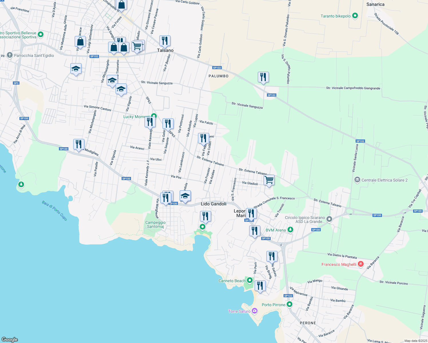 map of restaurants, bars, coffee shops, grocery stores, and more near 9 Via Azalee in Leporano Marina