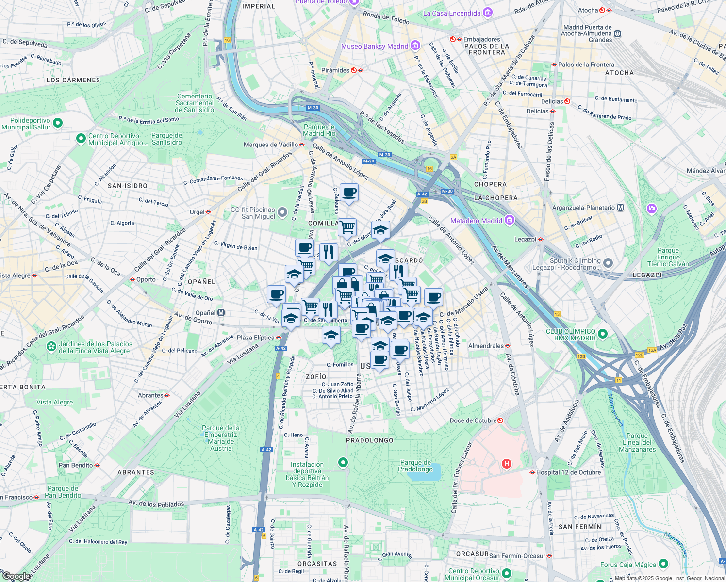 map of restaurants, bars, coffee shops, grocery stores, and more near 29 Calle Gumersindo Azcárate in Madrid