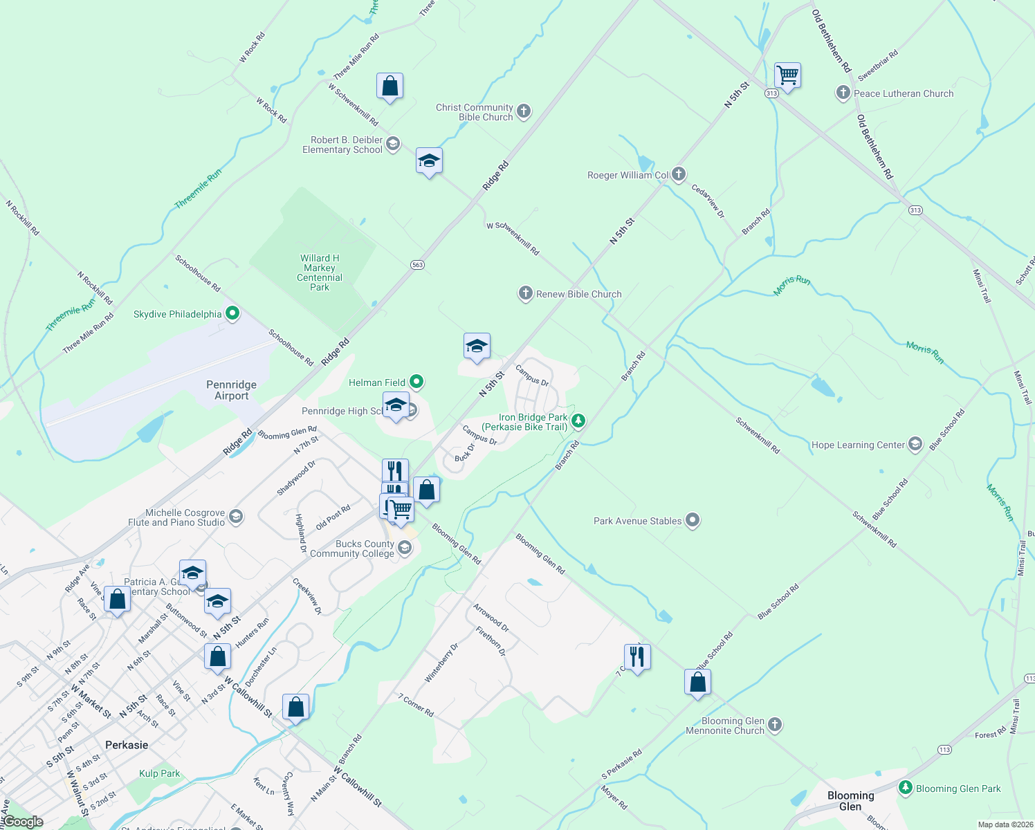 map of restaurants, bars, coffee shops, grocery stores, and more near 160 Sunnyside Lane in Perkasie