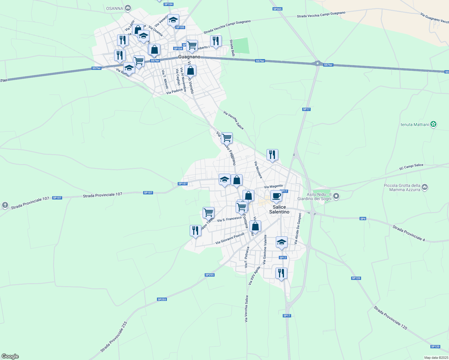 map of restaurants, bars, coffee shops, grocery stores, and more near 203 Via Pasquale Leone in Salice Salentino