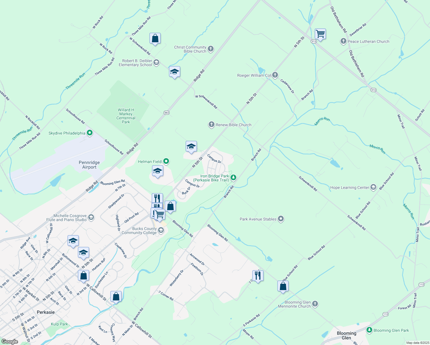 map of restaurants, bars, coffee shops, grocery stores, and more near 39 Bryant Drive in Perkasie