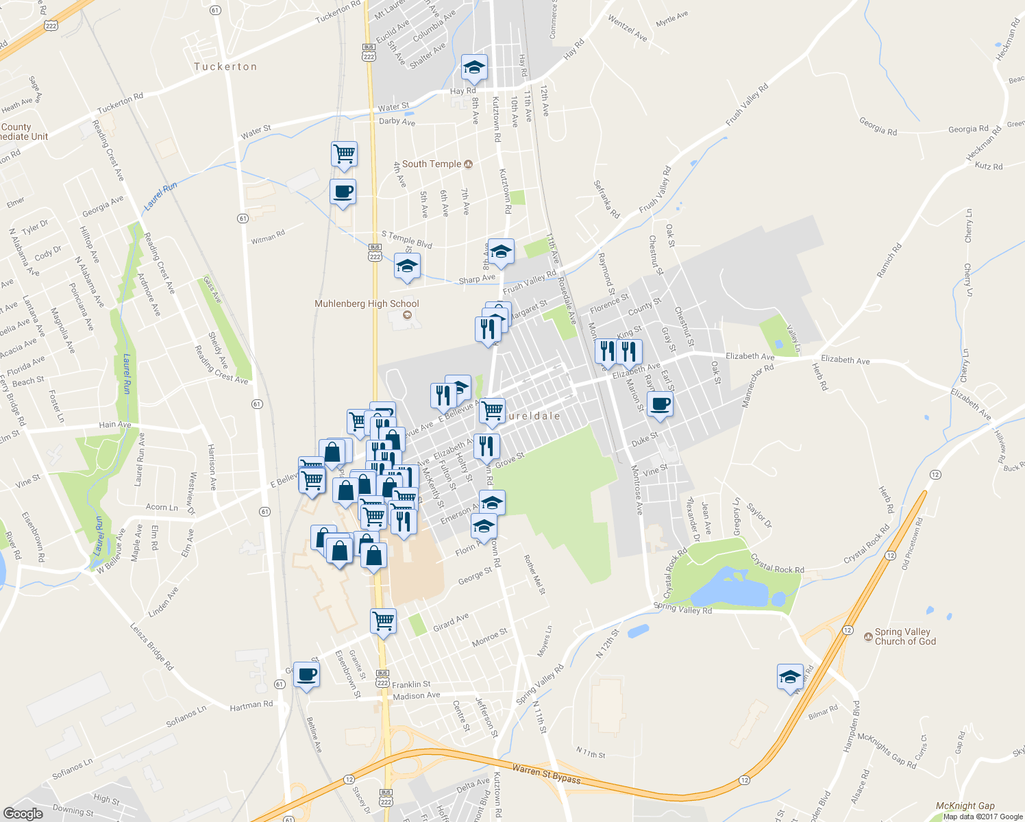 map of restaurants, bars, coffee shops, grocery stores, and more near 3417 Fairfield Street in Reading