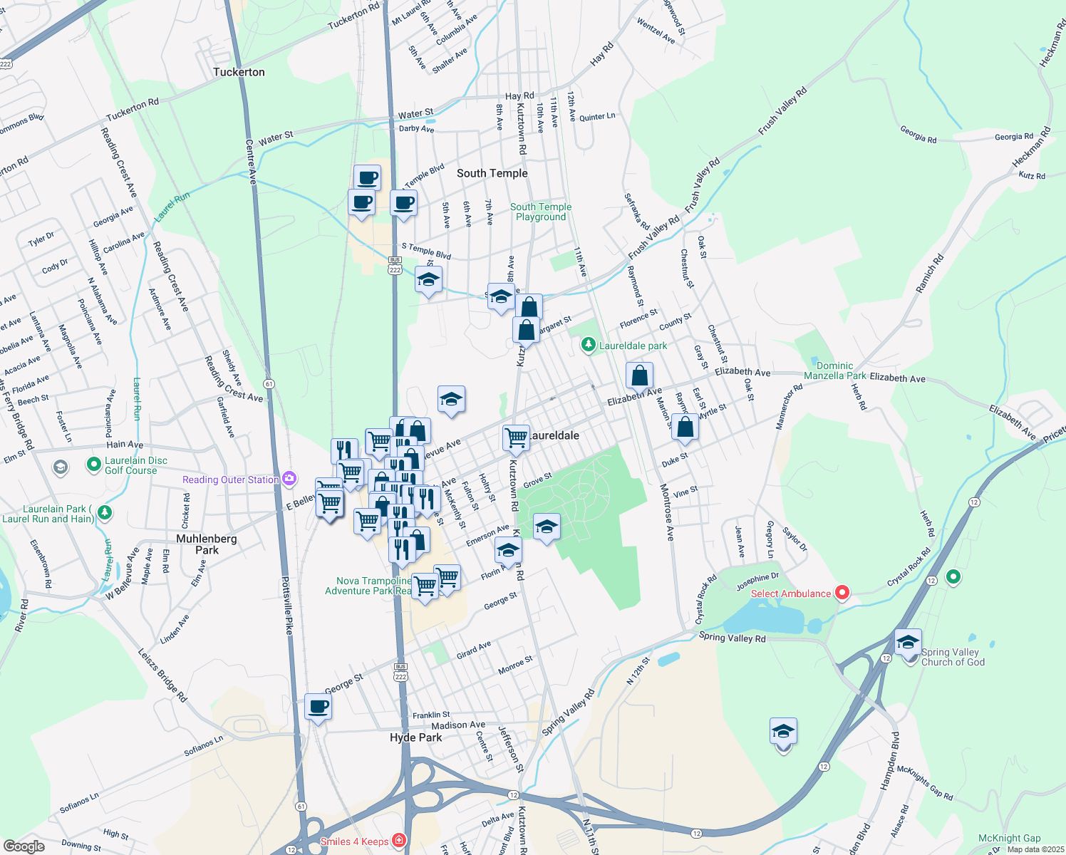 map of restaurants, bars, coffee shops, grocery stores, and more near 3425 Fairfield Street in Reading