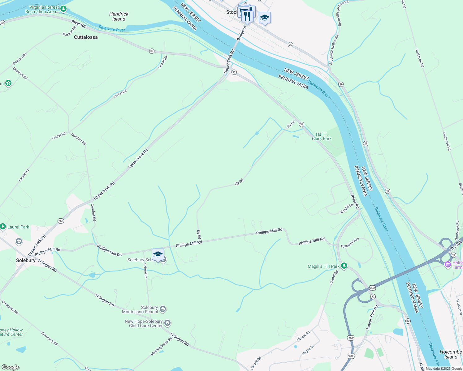 map of restaurants, bars, coffee shops, grocery stores, and more near 6988 Ely Road in New Hope