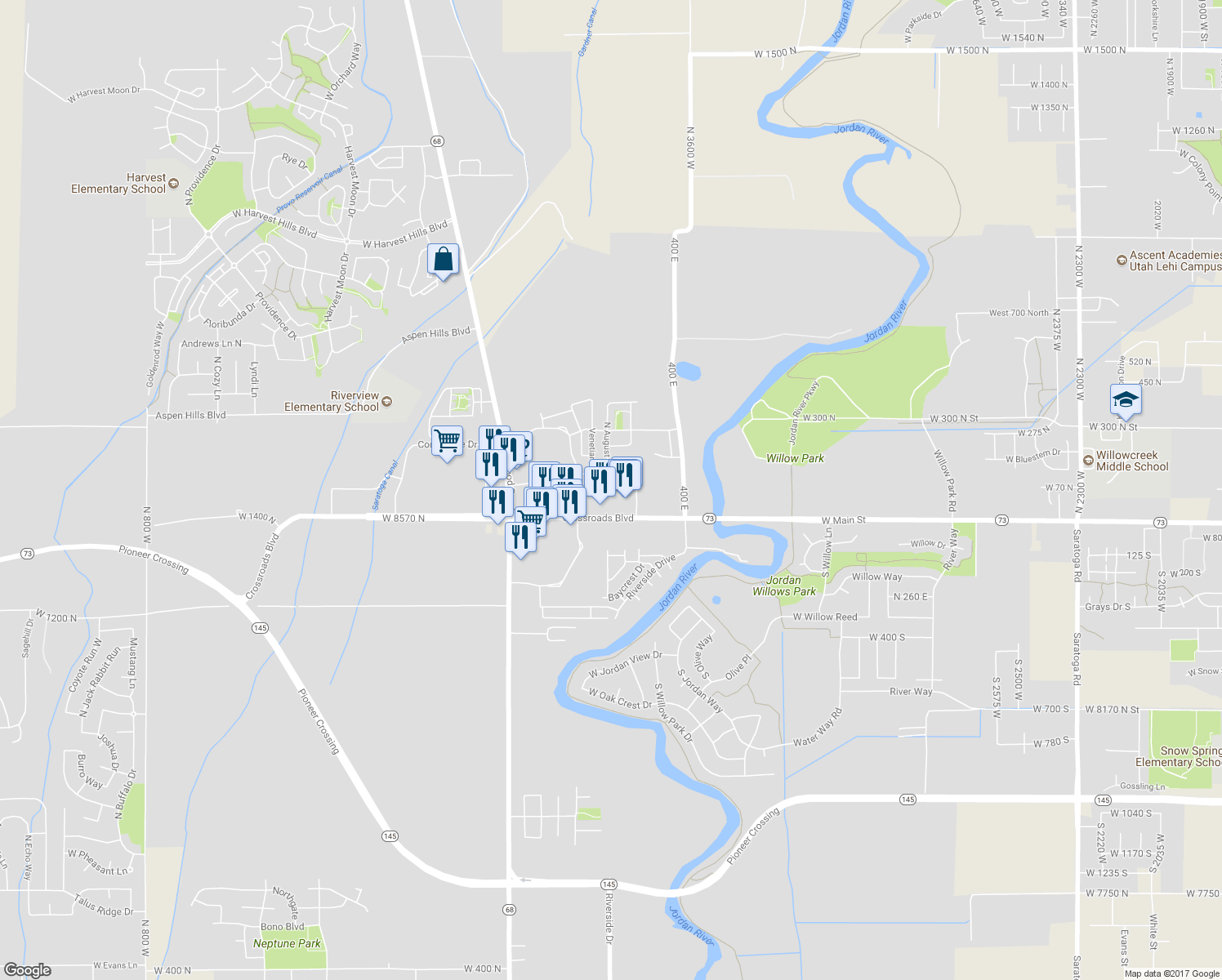map of restaurants, bars, coffee shops, grocery stores, and more near 227 Sunshine Drive in Eagle Mountain