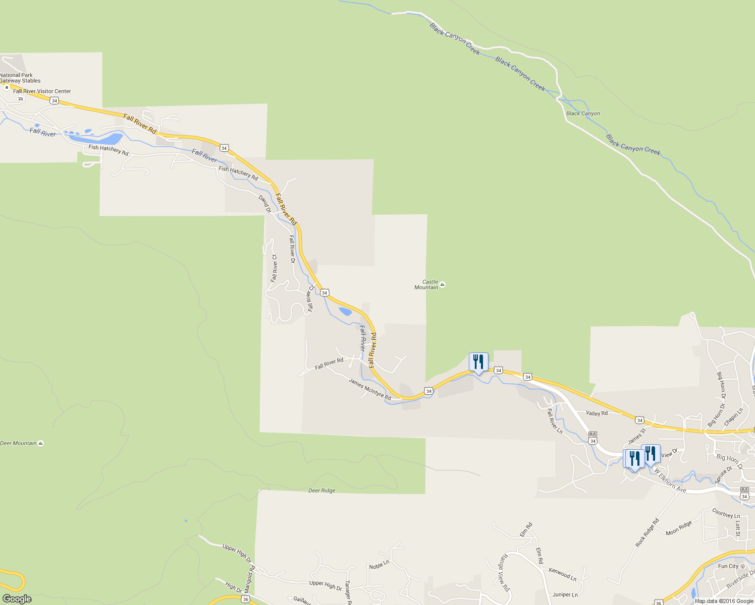 map of restaurants, bars, coffee shops, grocery stores, and more near 1889 Fall River Road in Estes Park