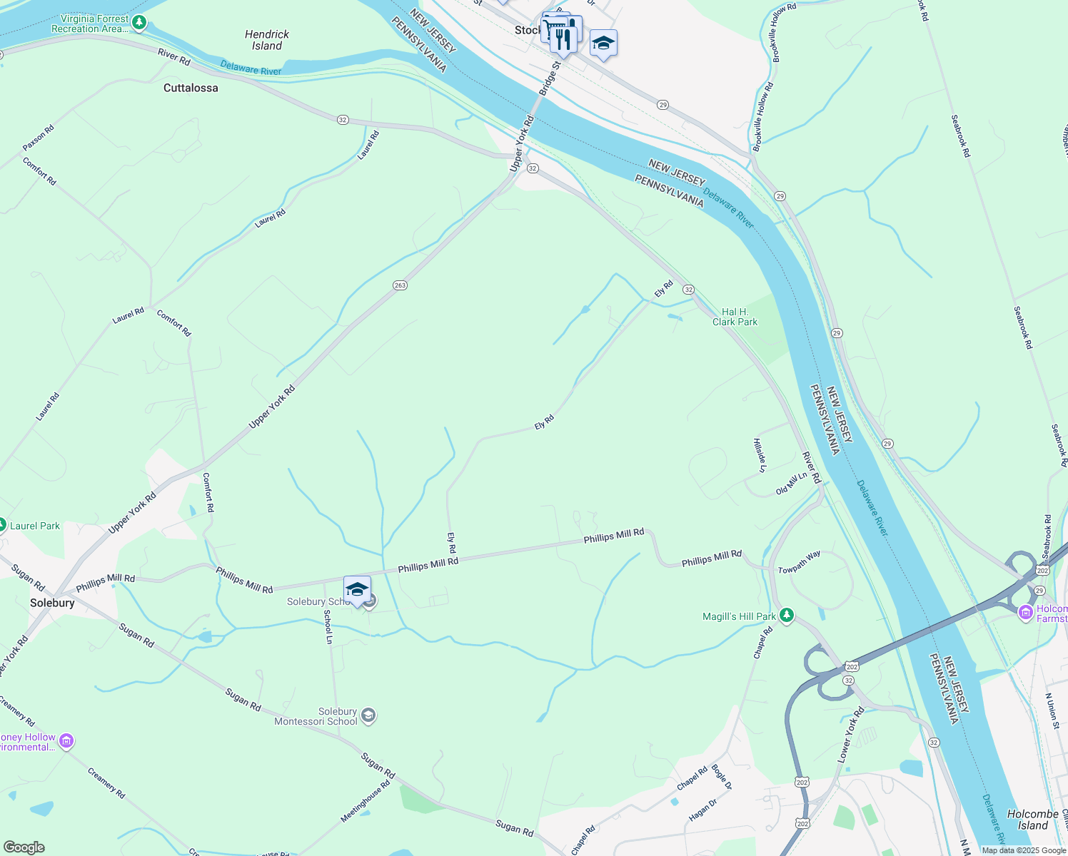 map of restaurants, bars, coffee shops, grocery stores, and more near 6992 Ely Road in New Hope