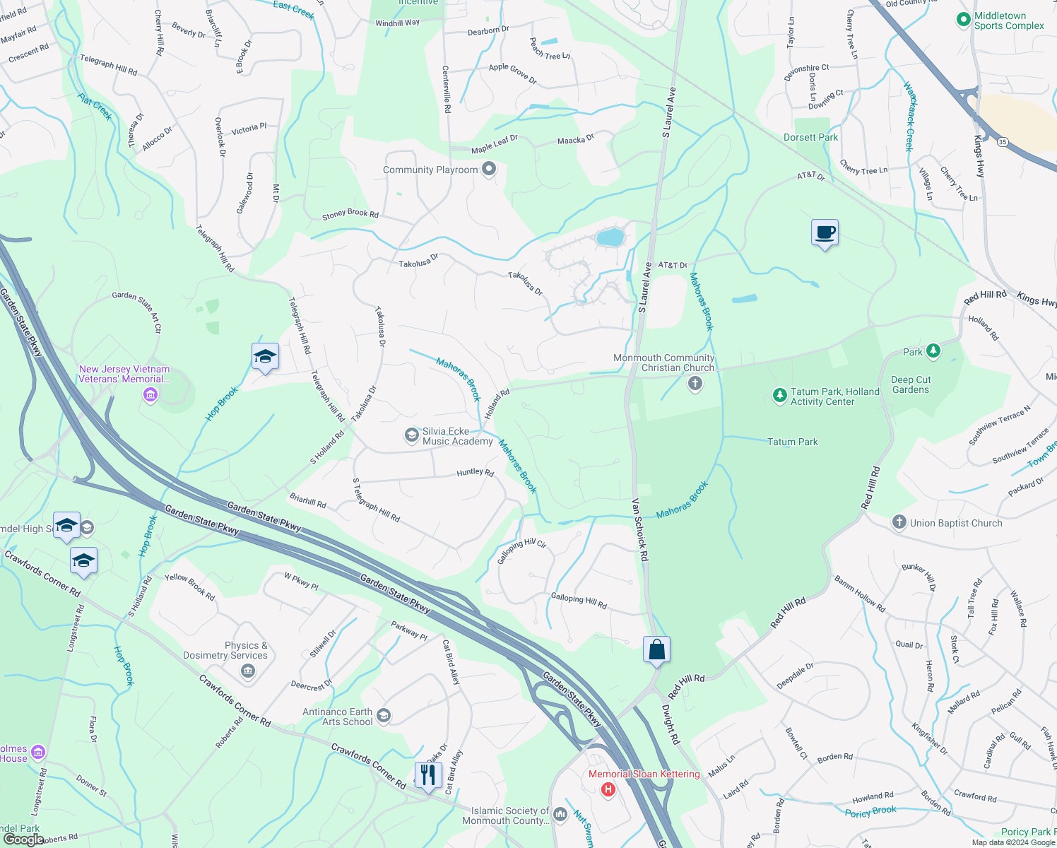 map of restaurants, bars, coffee shops, grocery stores, and more near 30 Winchester Lane in Holmdel
