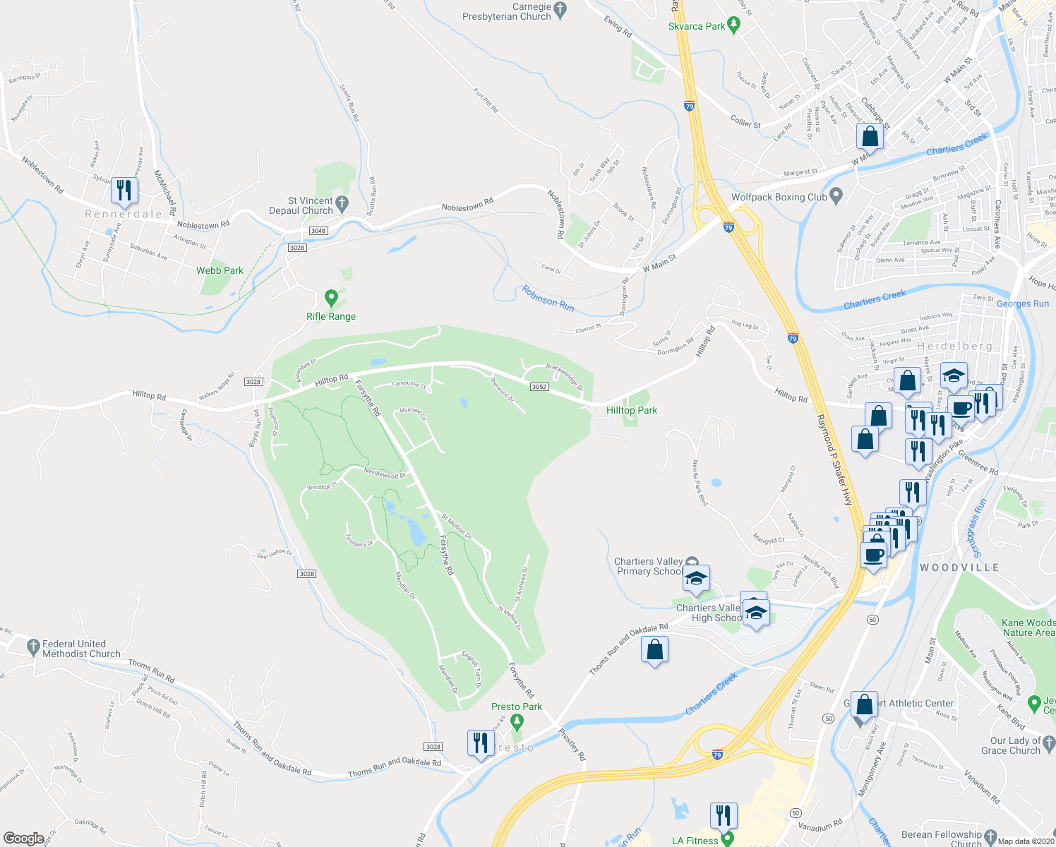 map of restaurants, bars, coffee shops, grocery stores, and more near 8071 Sherwood Drive in Presto