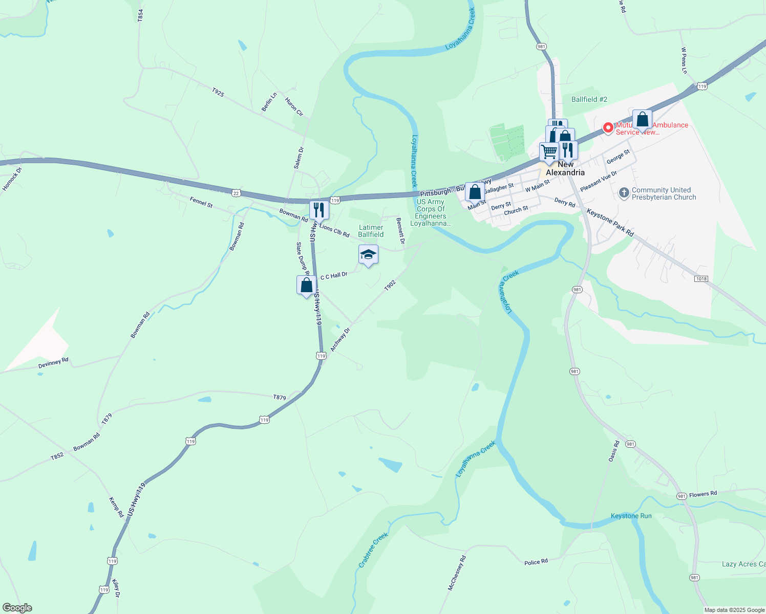 map of restaurants, bars, coffee shops, grocery stores, and more near 178 Archway Dr in New Alexandria