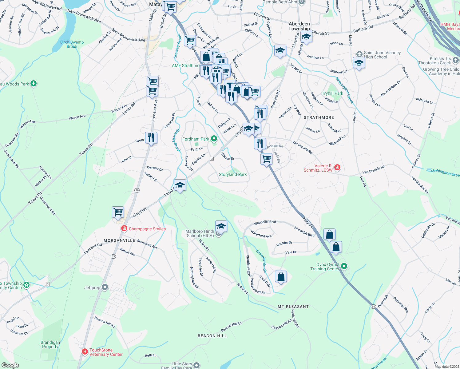 map of restaurants, bars, coffee shops, grocery stores, and more near 34 Warren Drive in Monmouth County