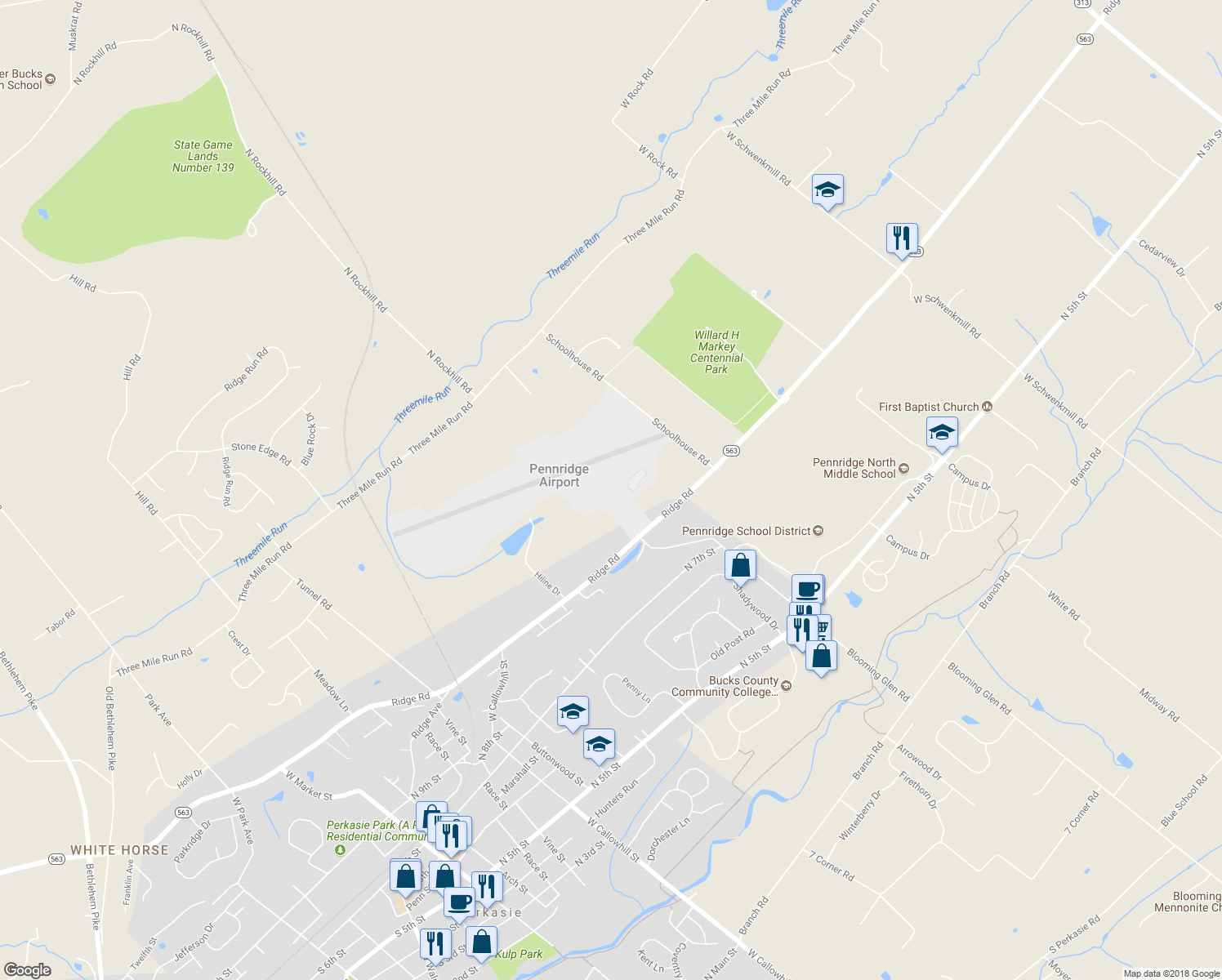 map of restaurants, bars, coffee shops, grocery stores, and more near 1100 North Ridge Road in Perkasie