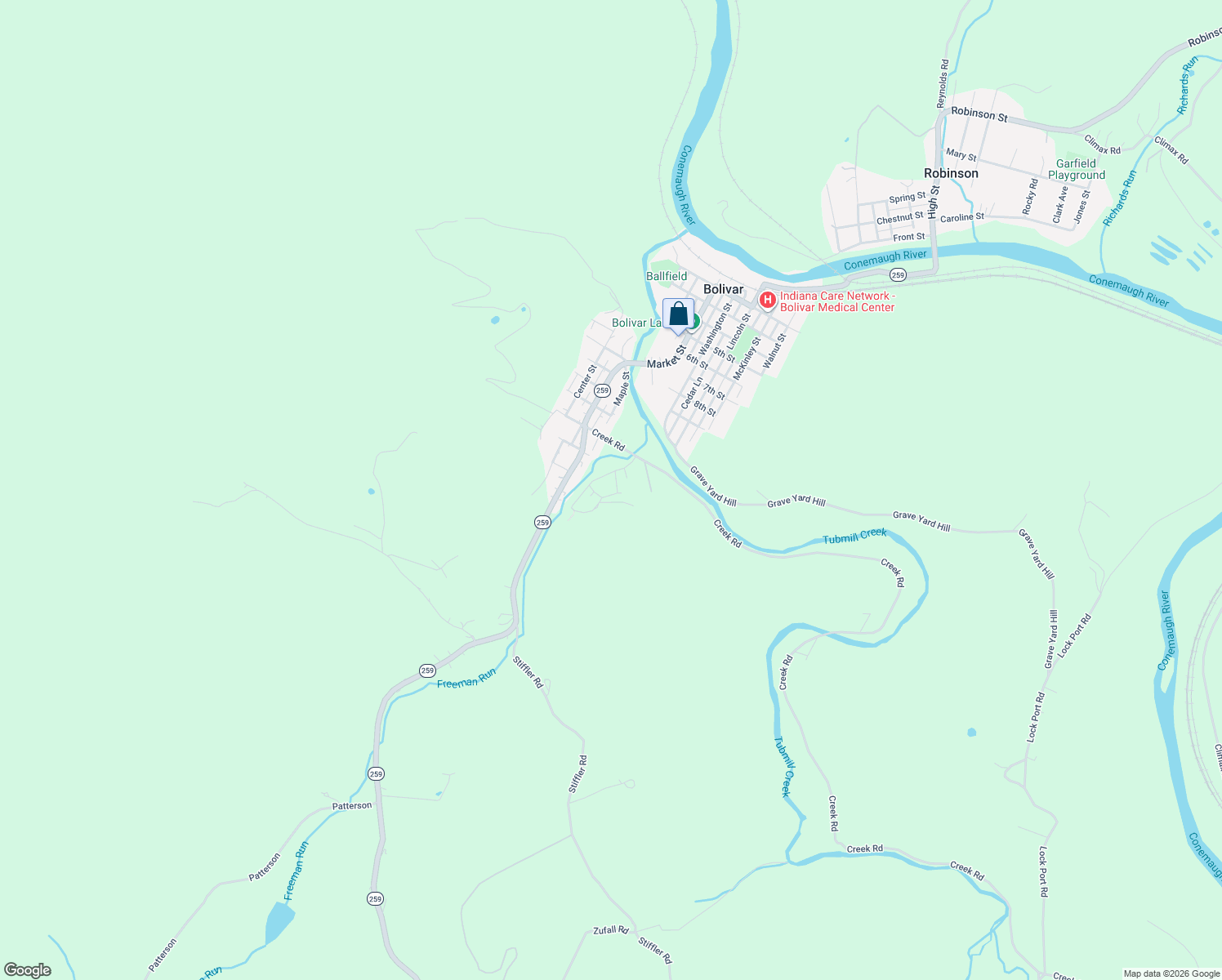 map of restaurants, bars, coffee shops, grocery stores, and more near 245 Johnston St in Bolivar