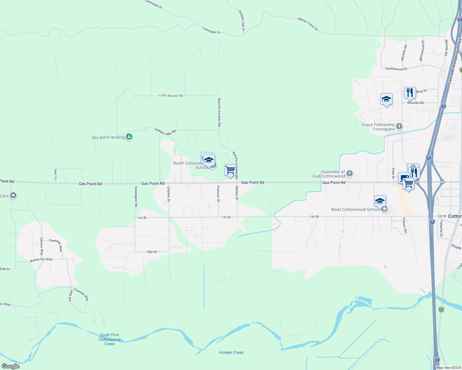 map of restaurants, bars, coffee shops, grocery stores, and more near 19975 Gas Point Rd in Cottonwood