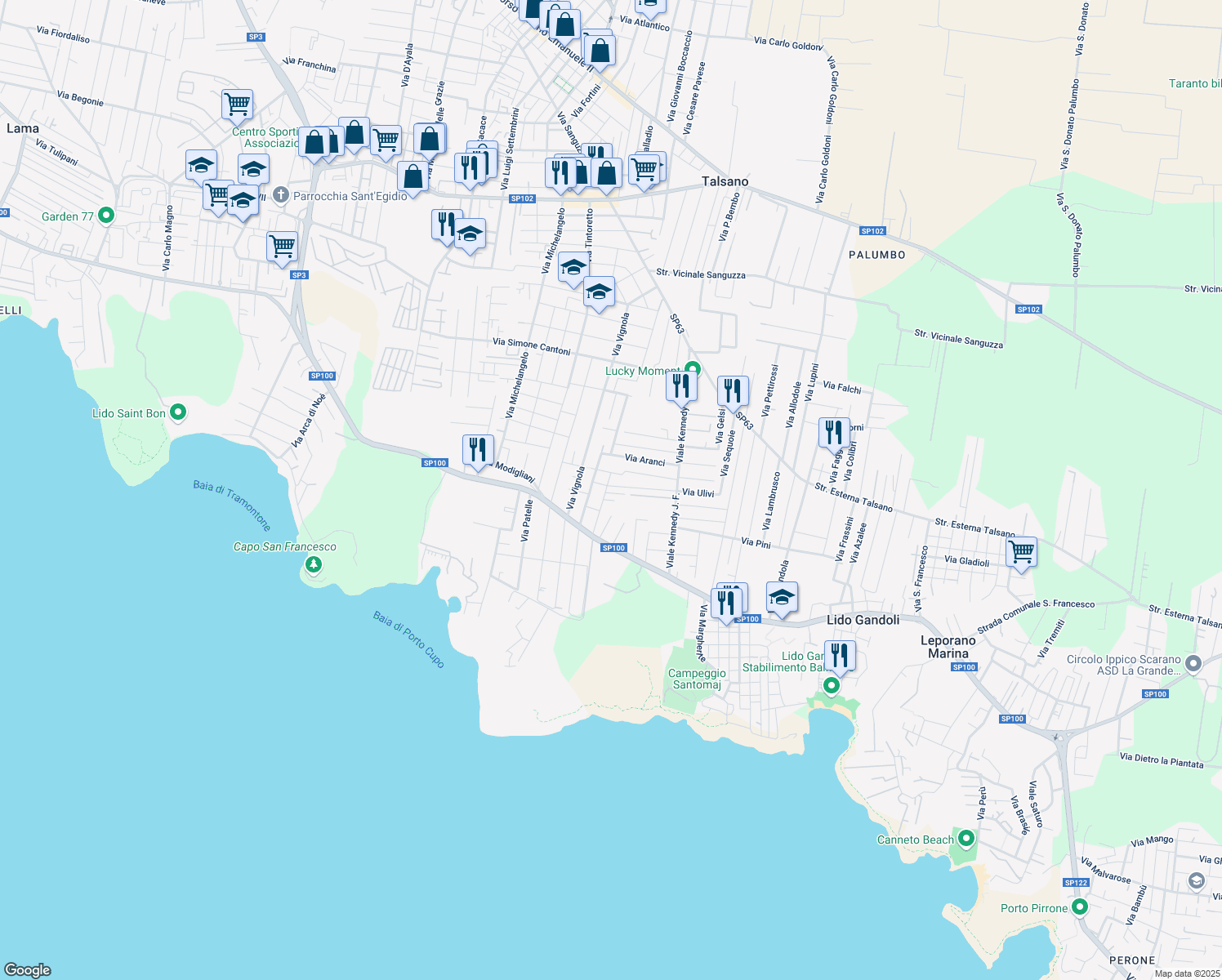 map of restaurants, bars, coffee shops, grocery stores, and more near 518 Via Ulivi in Leporano Marina