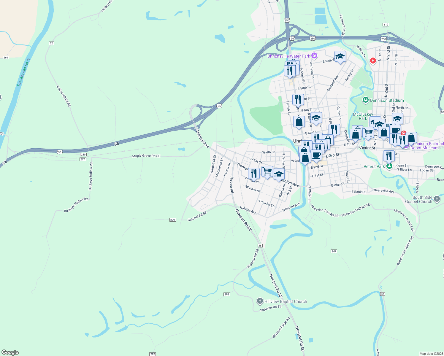 map of restaurants, bars, coffee shops, grocery stores, and more near 278 Packer St in Uhrichsville