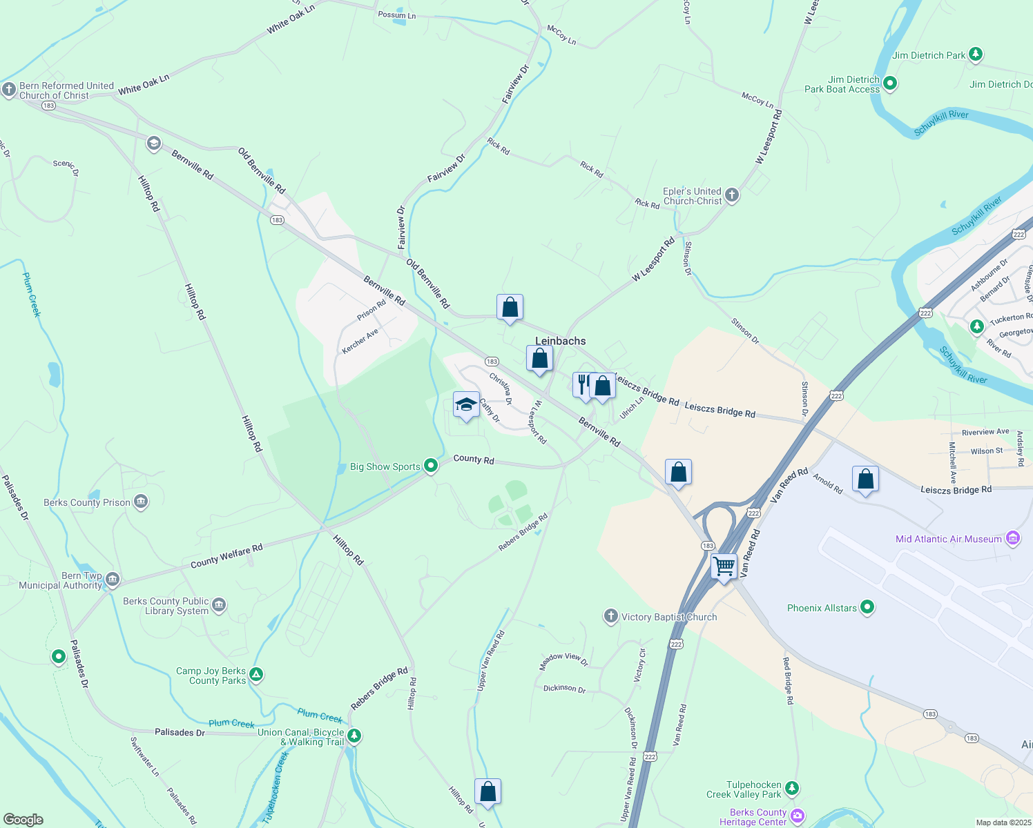 map of restaurants, bars, coffee shops, grocery stores, and more near 1010 Christina Drive in Leesport