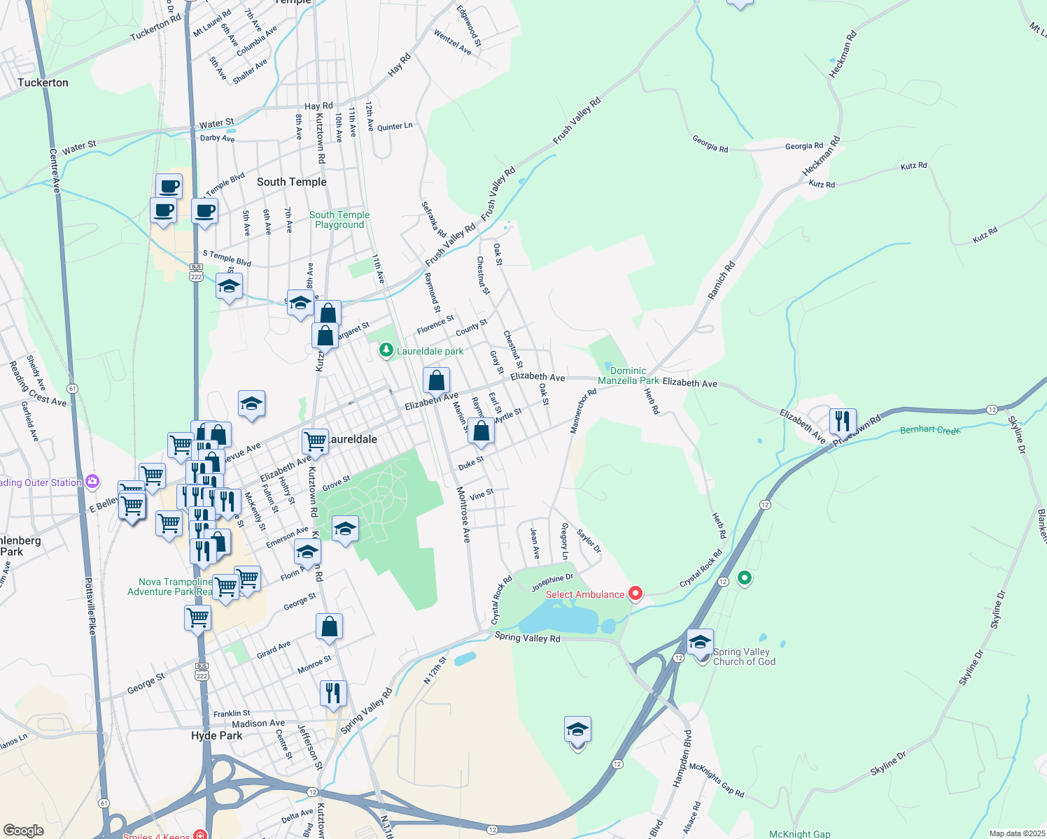 map of restaurants, bars, coffee shops, grocery stores, and more near 3221 Gray St in Laureldale