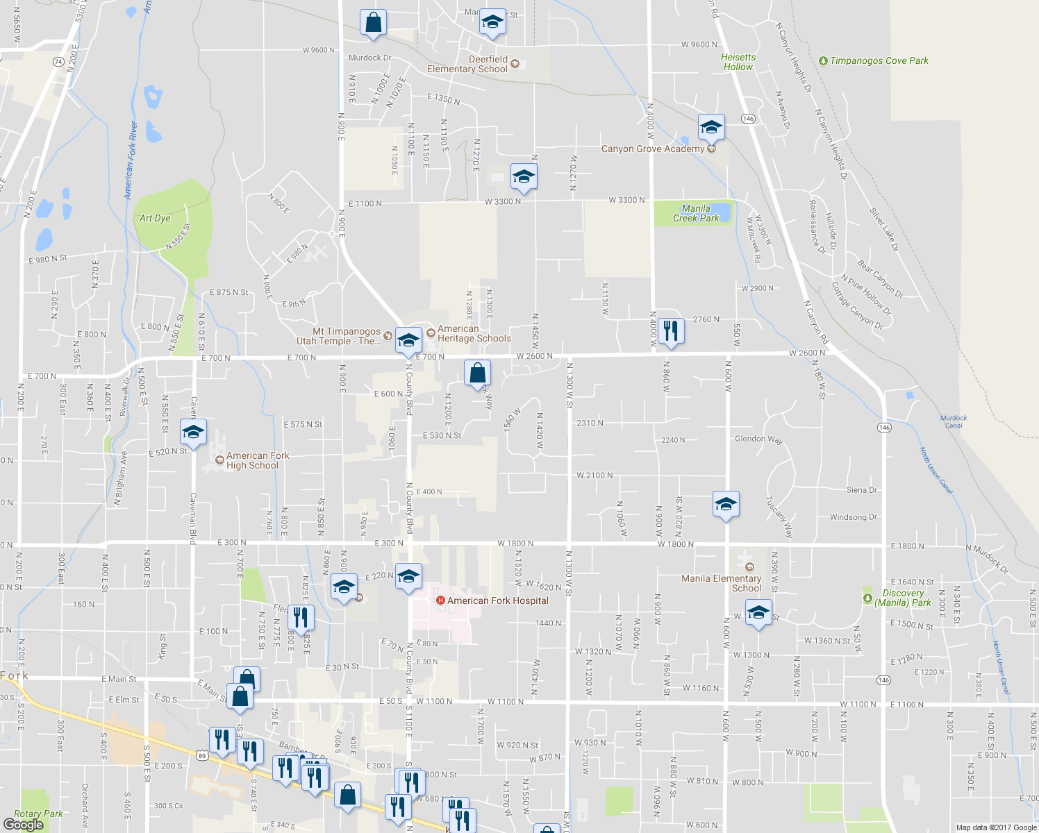 map of restaurants, bars, coffee shops, grocery stores, and more near 2352 1560 West in Pleasant Grove