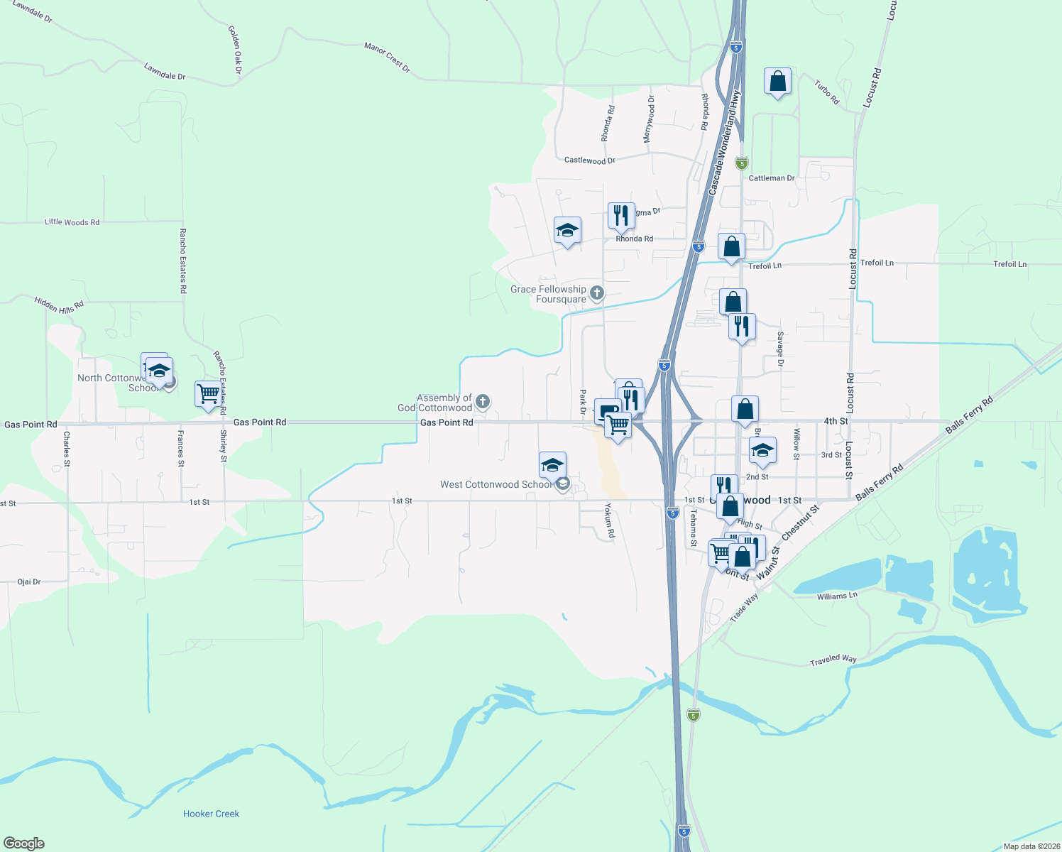 map of restaurants, bars, coffee shops, grocery stores, and more near 20491 Gas Point Rd in Cottonwood