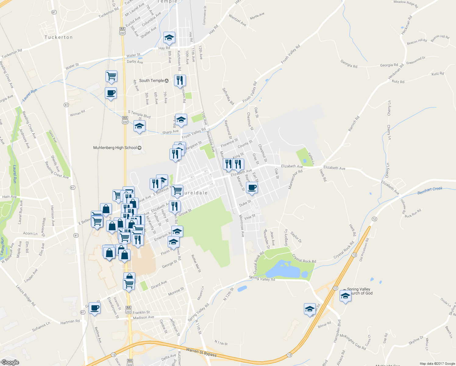 map of restaurants, bars, coffee shops, grocery stores, and more near 3342 Montrose Avenue in Laureldale