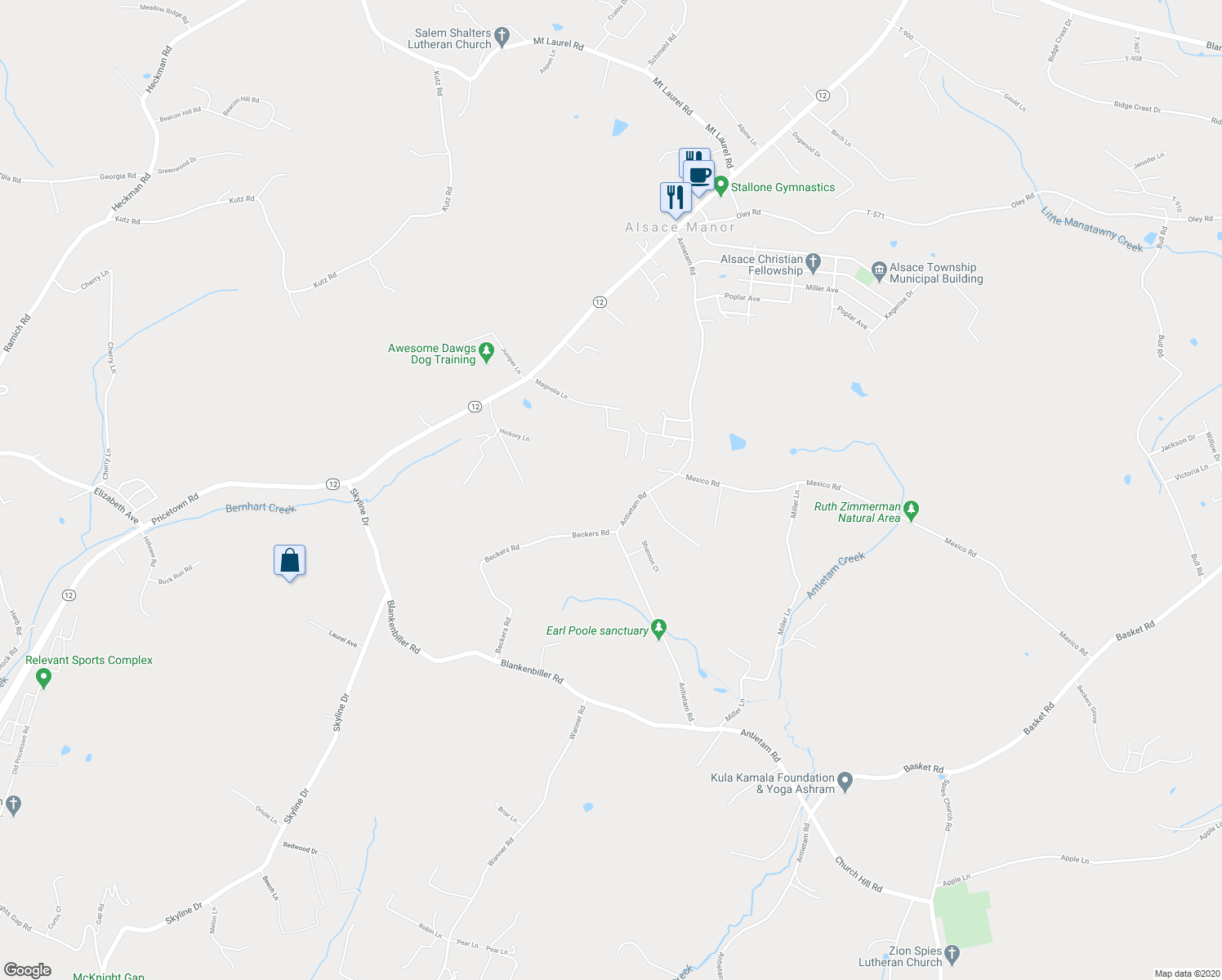 map of restaurants, bars, coffee shops, grocery stores, and more near 156 Antietam Road in Temple