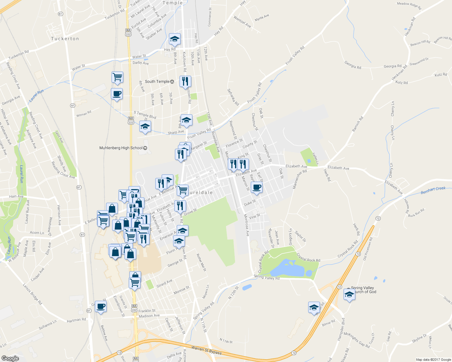 map of restaurants, bars, coffee shops, grocery stores, and more near 3334 Rosedale Avenue in Laureldale
