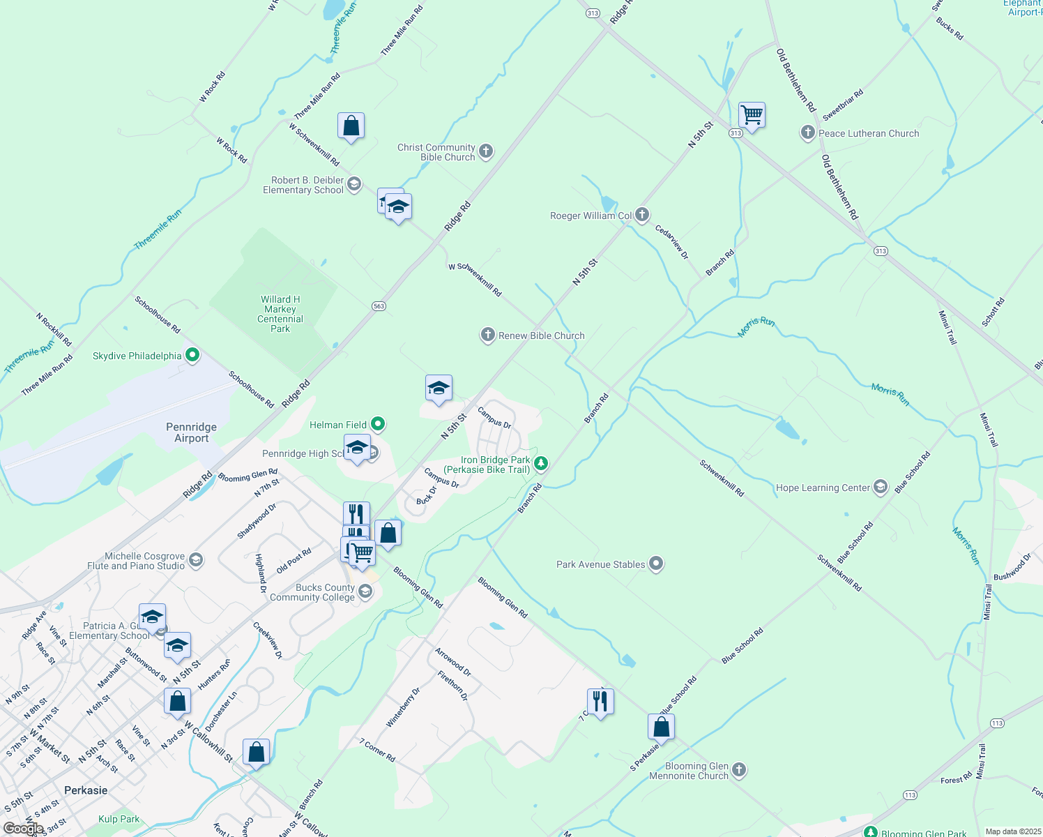 map of restaurants, bars, coffee shops, grocery stores, and more near 42 Greenleaf Circle in Perkasie