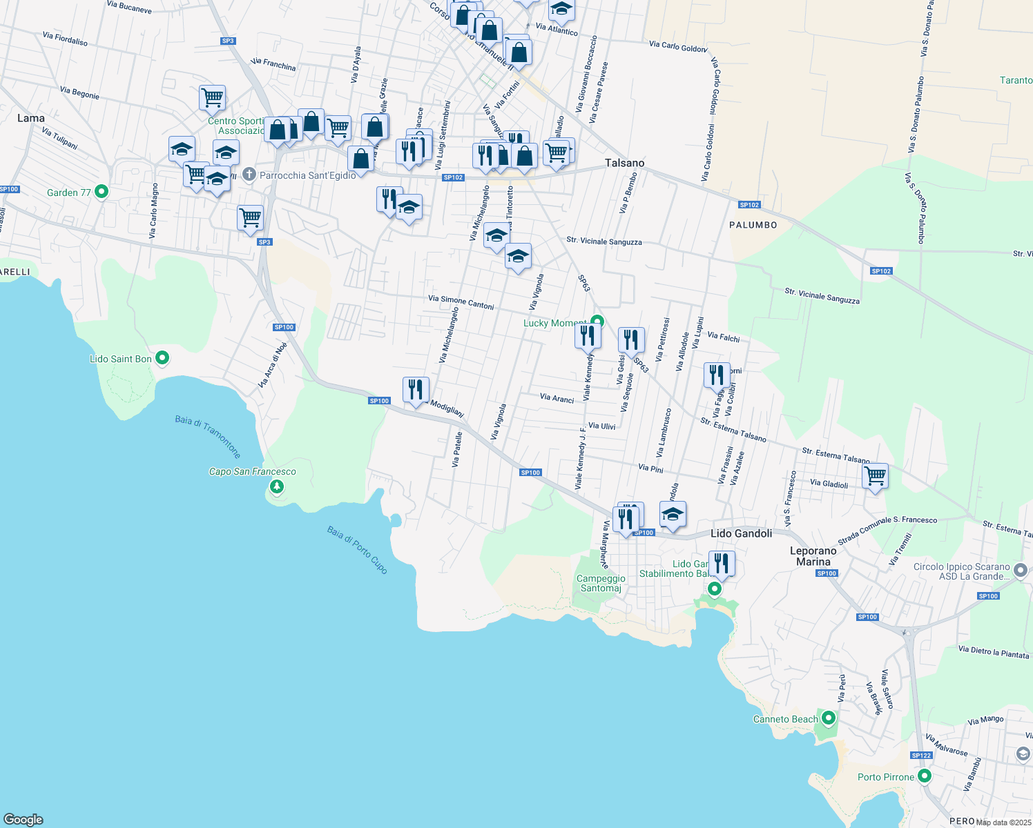 map of restaurants, bars, coffee shops, grocery stores, and more near 518 Via Ulivi in Leporano Marina