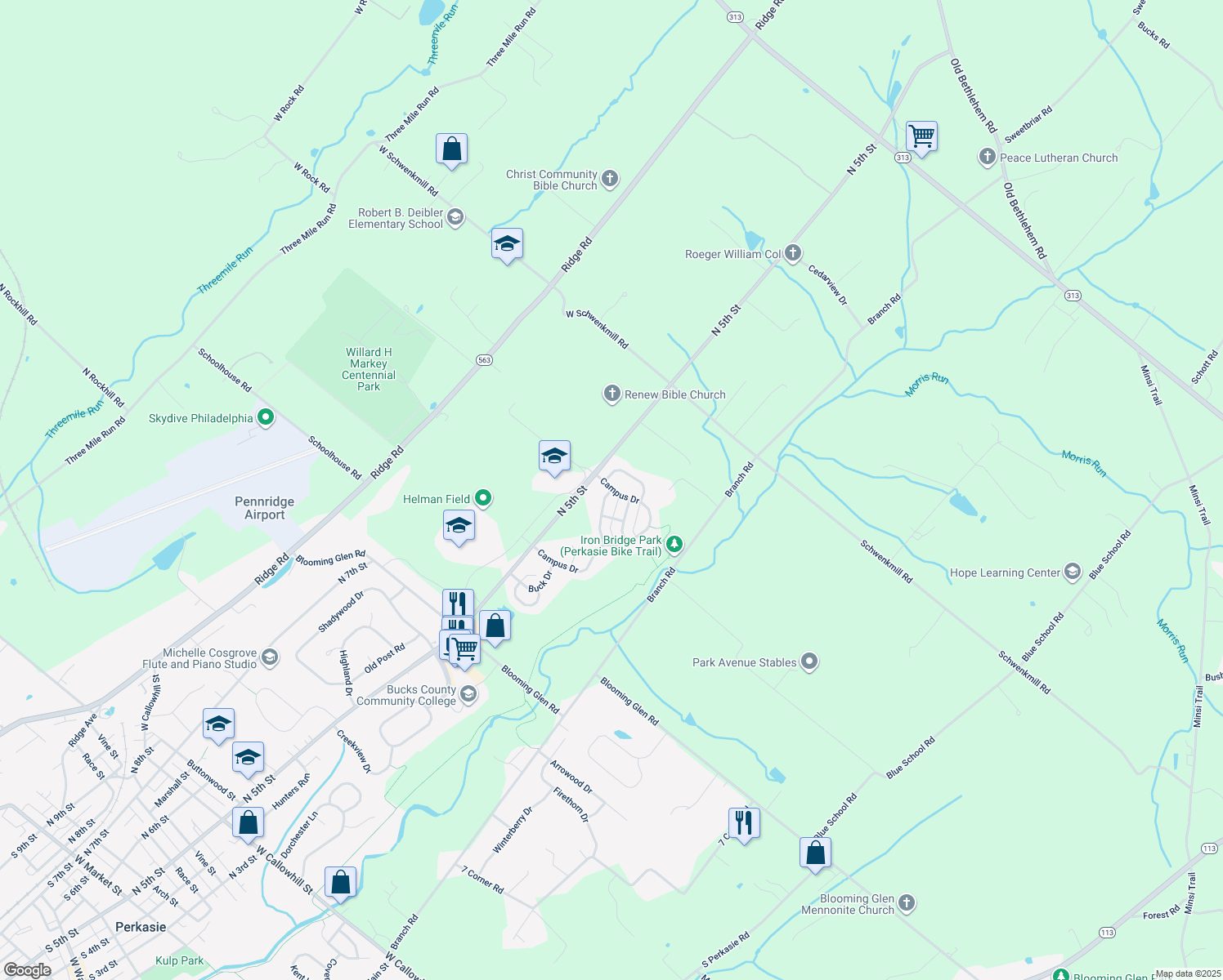 map of restaurants, bars, coffee shops, grocery stores, and more near 100 Sunnyside Lane in Perkasie