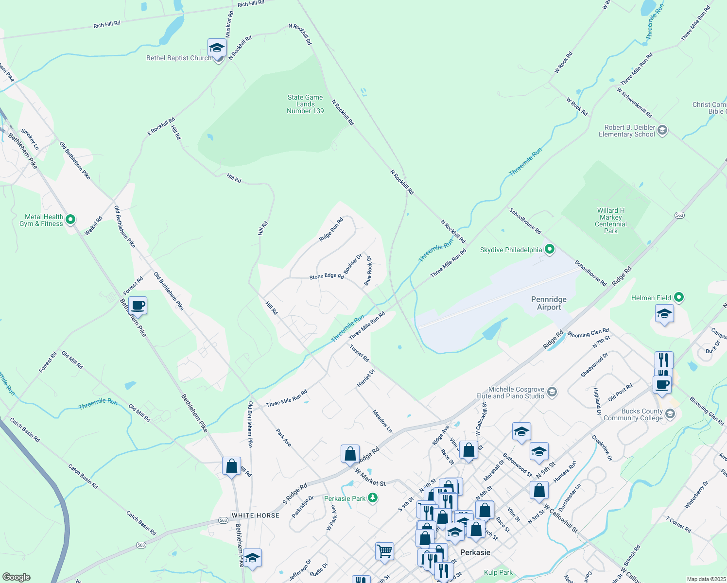 map of restaurants, bars, coffee shops, grocery stores, and more near 8 Stone Edge Road in Sellersville