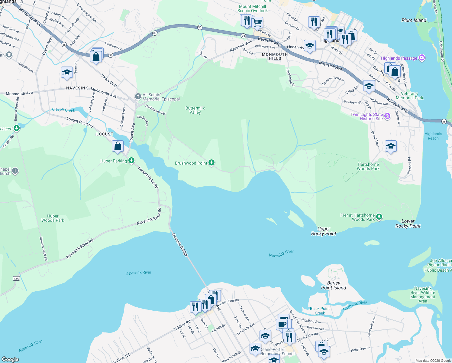 map of restaurants, bars, coffee shops, grocery stores, and more near 180 Hartshorne Road in Rumson