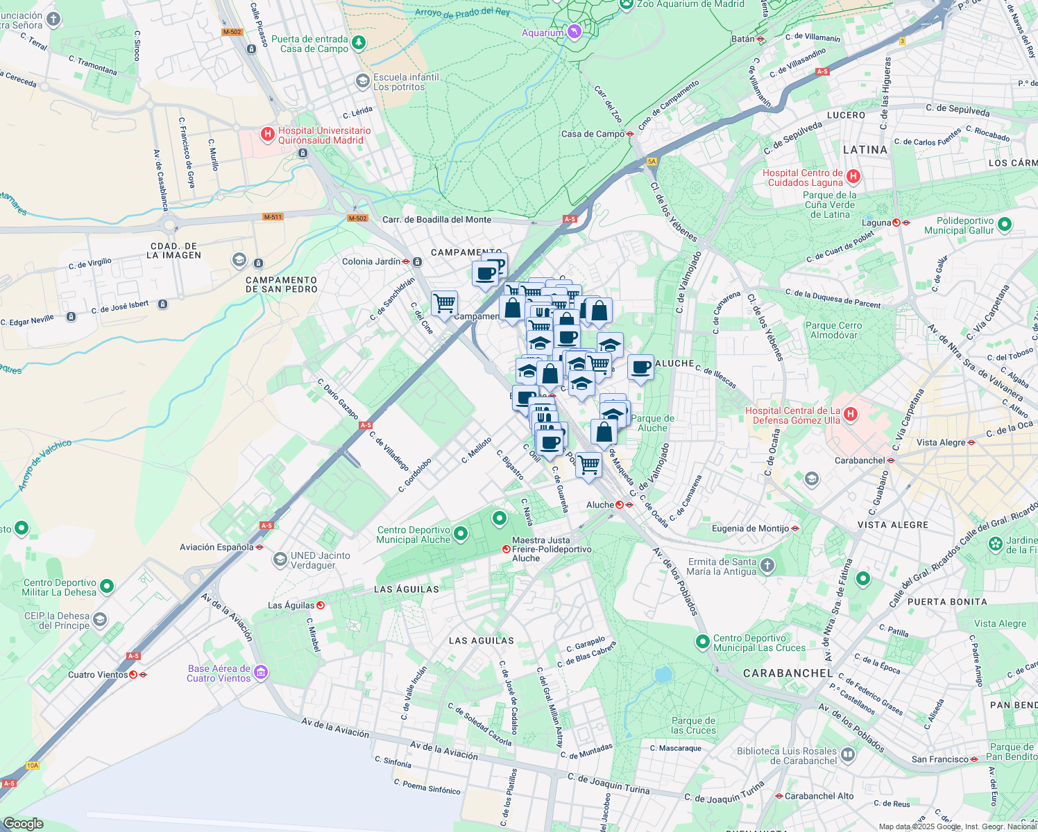 map of restaurants, bars, coffee shops, grocery stores, and more near 28 Avenida de los Poblados in Madrid