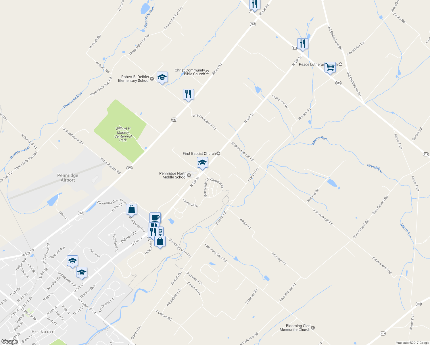 map of restaurants, bars, coffee shops, grocery stores, and more near 46 Greenleaf Circle in Perkasie