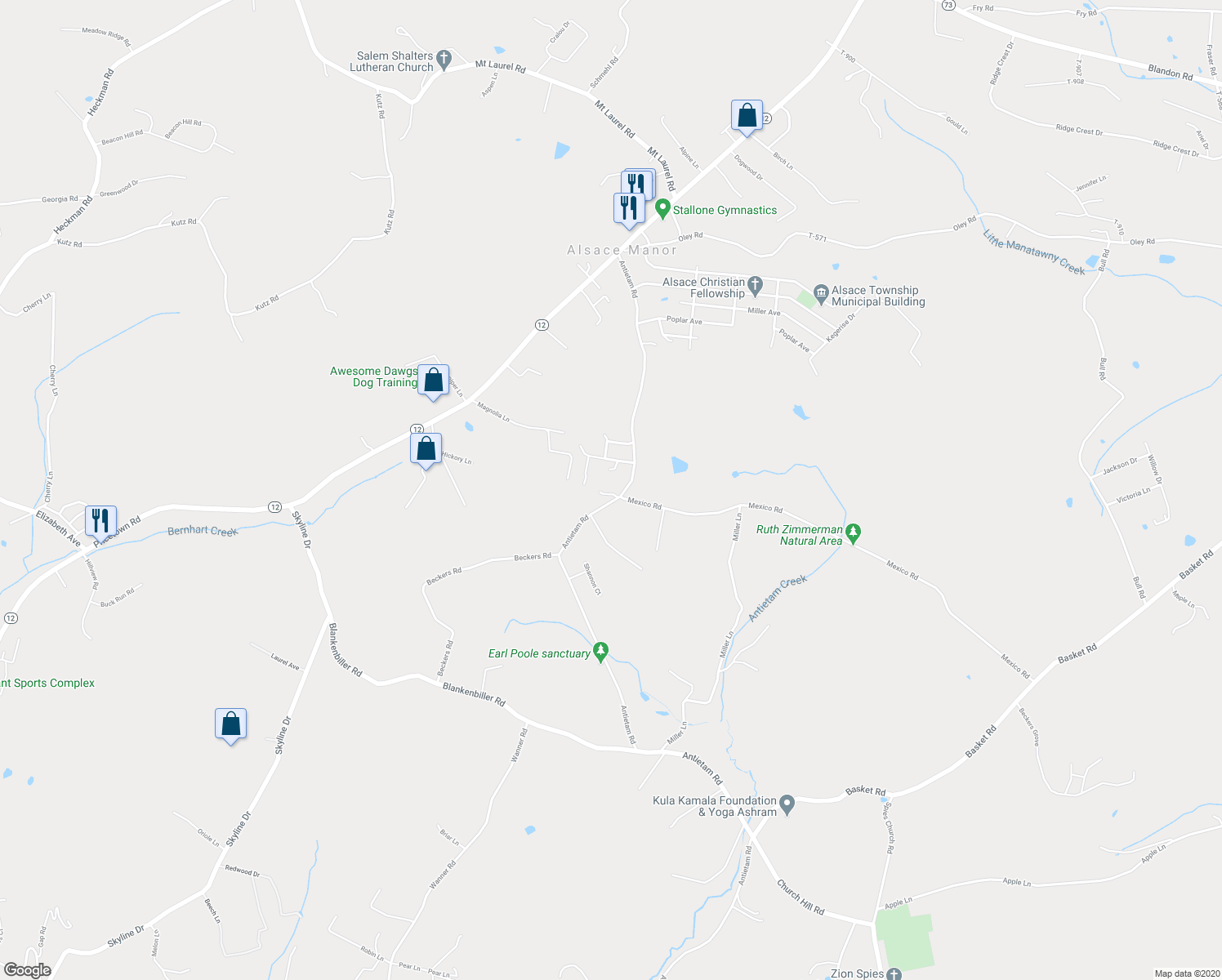 map of restaurants, bars, coffee shops, grocery stores, and more near 140 Antietam Road in Temple