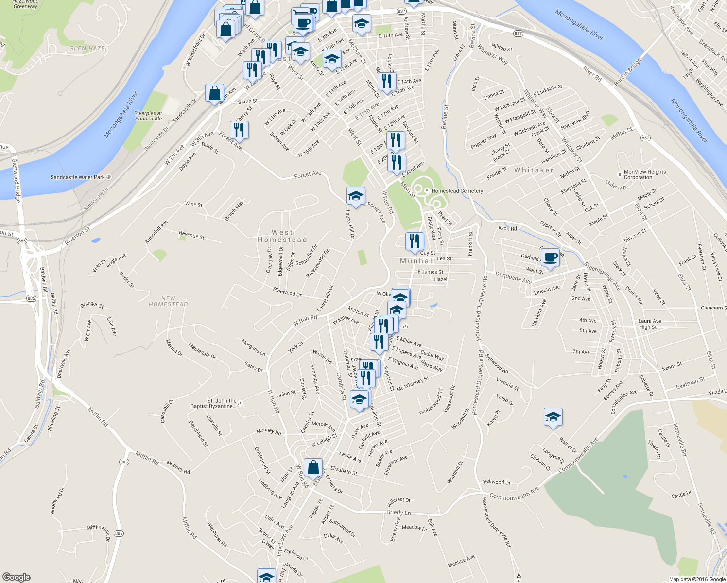 map of restaurants, bars, coffee shops, grocery stores, and more near 3199 W Run Rd in Munhall