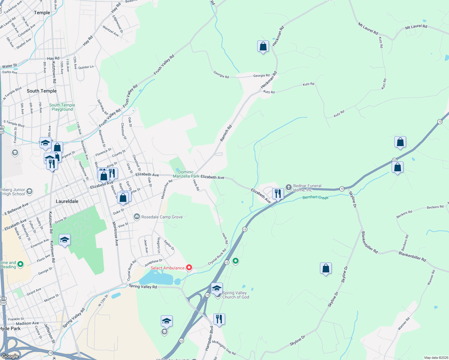map of restaurants, bars, coffee shops, grocery stores, and more near 2324 Elizabeth Avenue in Temple