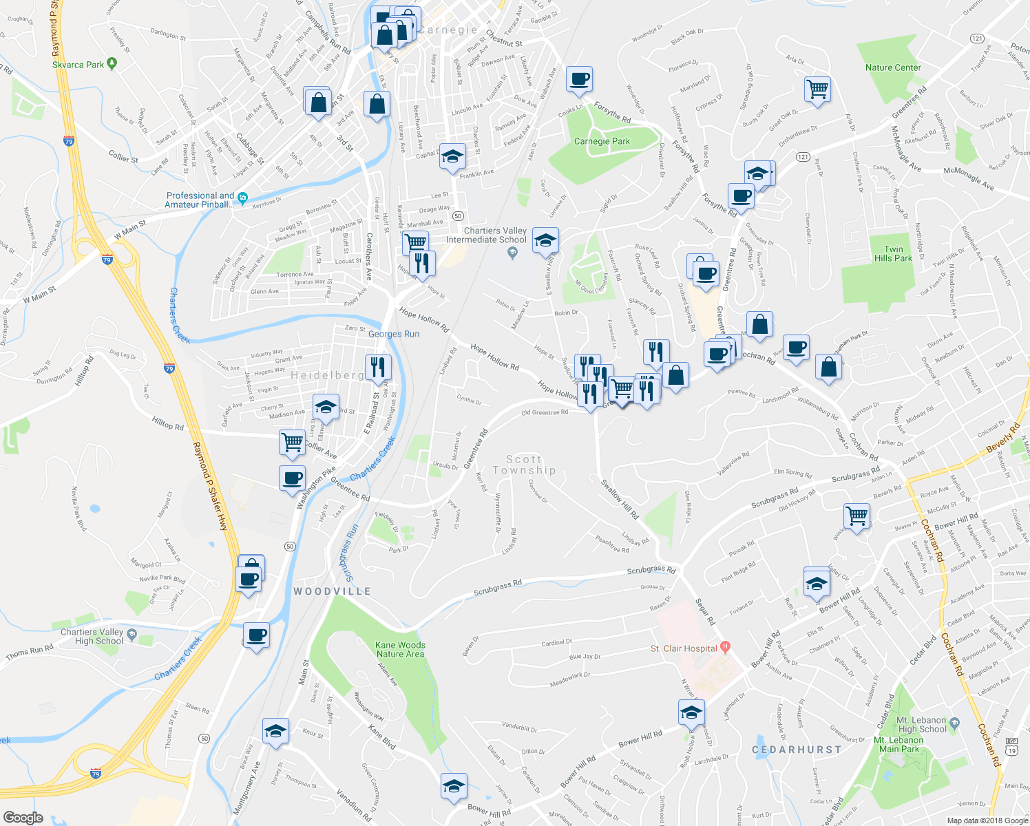 map of restaurants, bars, coffee shops, grocery stores, and more near 2340 Old Greentree Rd in Carnegie