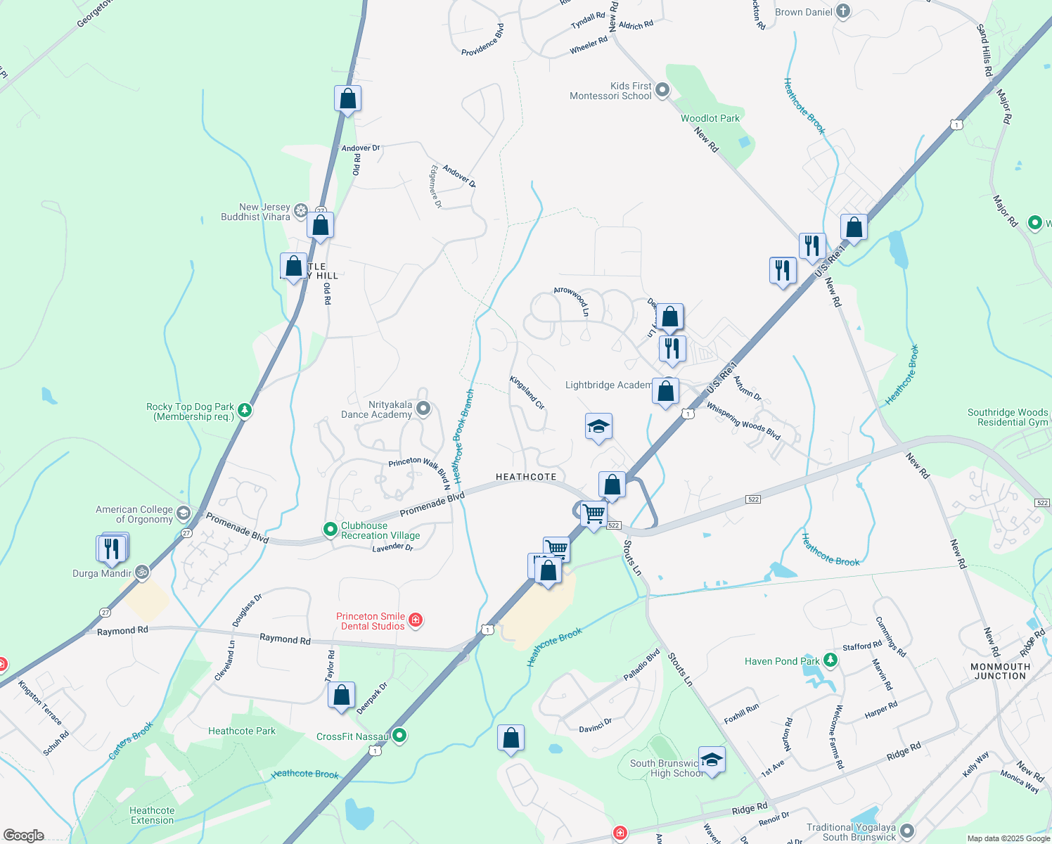 map of restaurants, bars, coffee shops, grocery stores, and more near 45 Kingsland Circle in South Brunswick Township