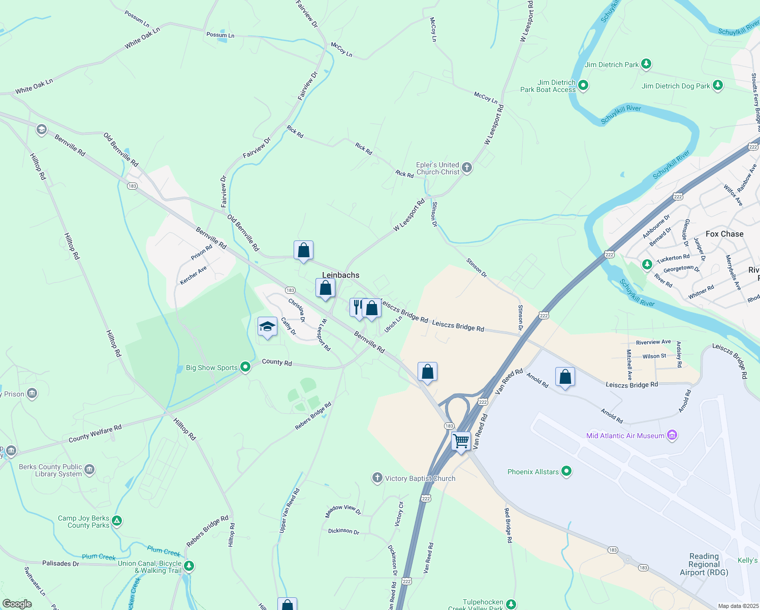 map of restaurants, bars, coffee shops, grocery stores, and more near 1039 Old Bernville Road in Leesport