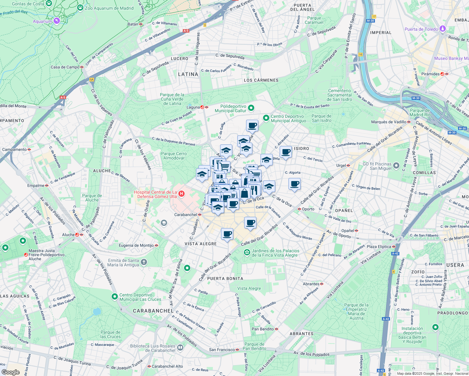 map of restaurants, bars, coffee shops, grocery stores, and more near Calle Albatros in Madrid