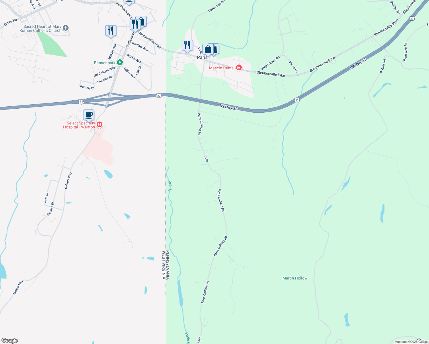 map of restaurants, bars, coffee shops, grocery stores, and more near 377 Paris Colliers Road in Burgettstown